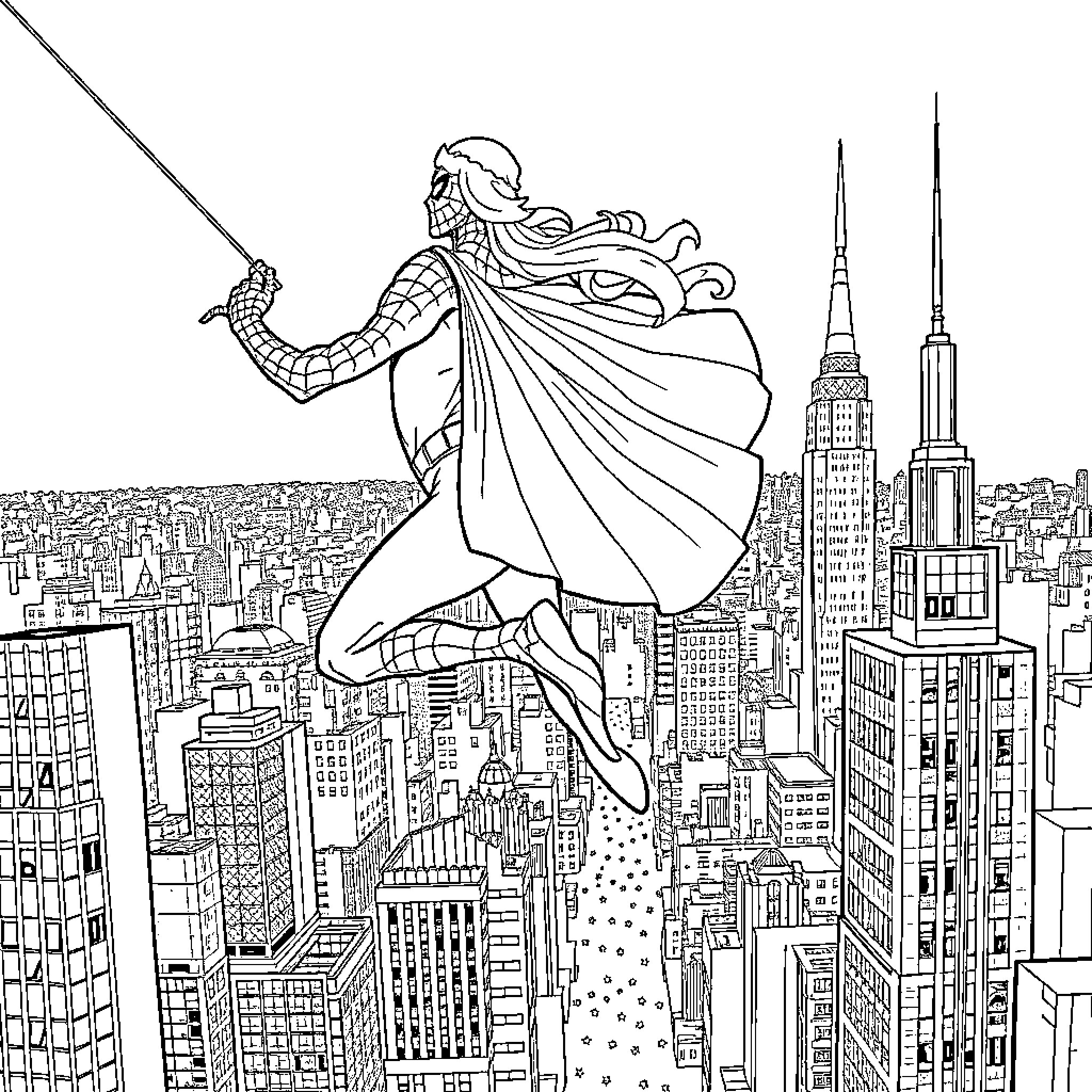 Snow Queen soaring gracefully over cityscape Coloring Page (free black-and-white line drawing printable PDF for all, from beginners to advanced learners, including children, teens, adults, and seniors)