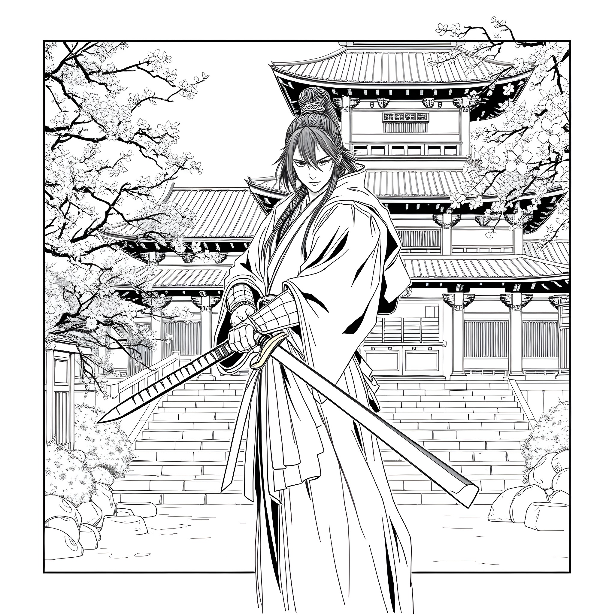 Rorouni Kenshin: Samurai warrior in tranquil Japanese setting Coloring Page (free black-and-white line drawing printable PDF for all, from beginners to advanced learners, including children, teens, adults, and seniors)