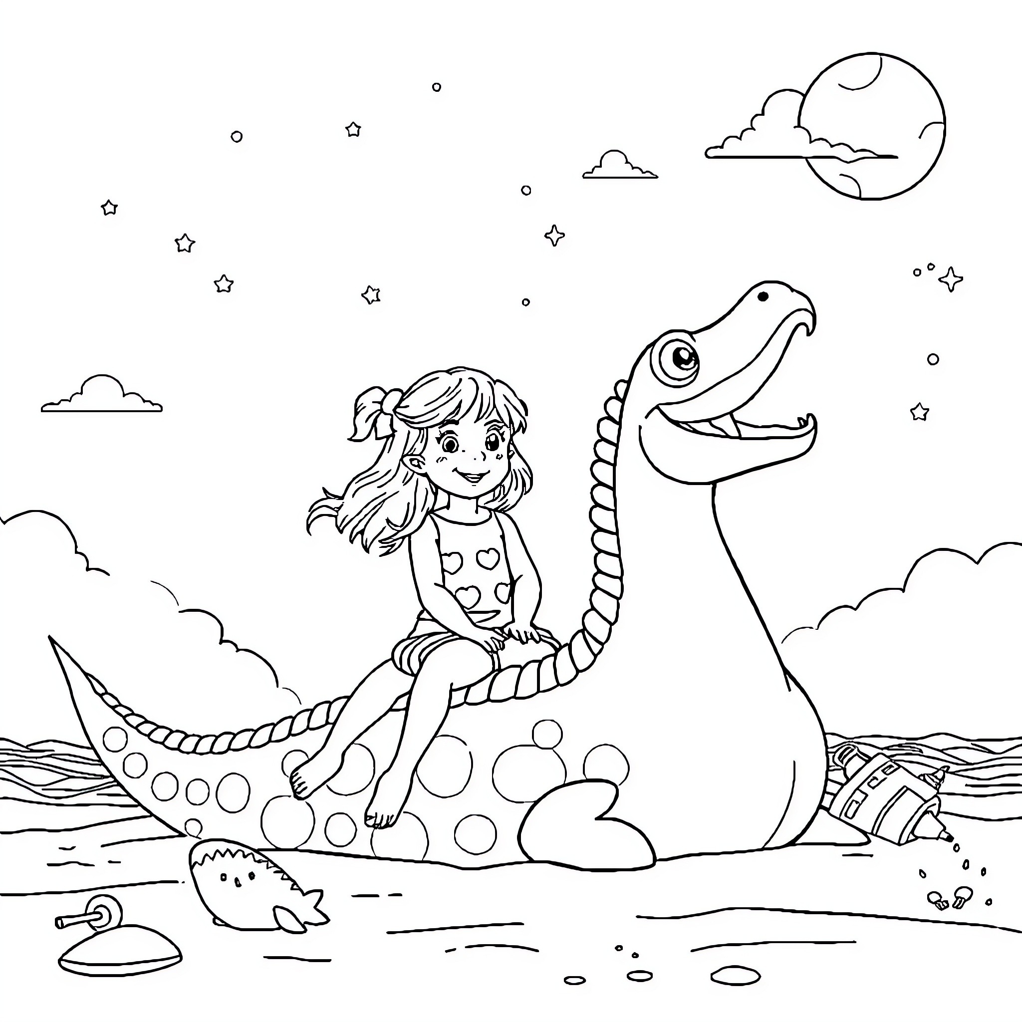 Unicorn girl riding a friendly sea monster Coloring Page (free black-and-white line drawing printable PDF for all, from beginners to advanced learners, including children, teens, adults, and seniors)