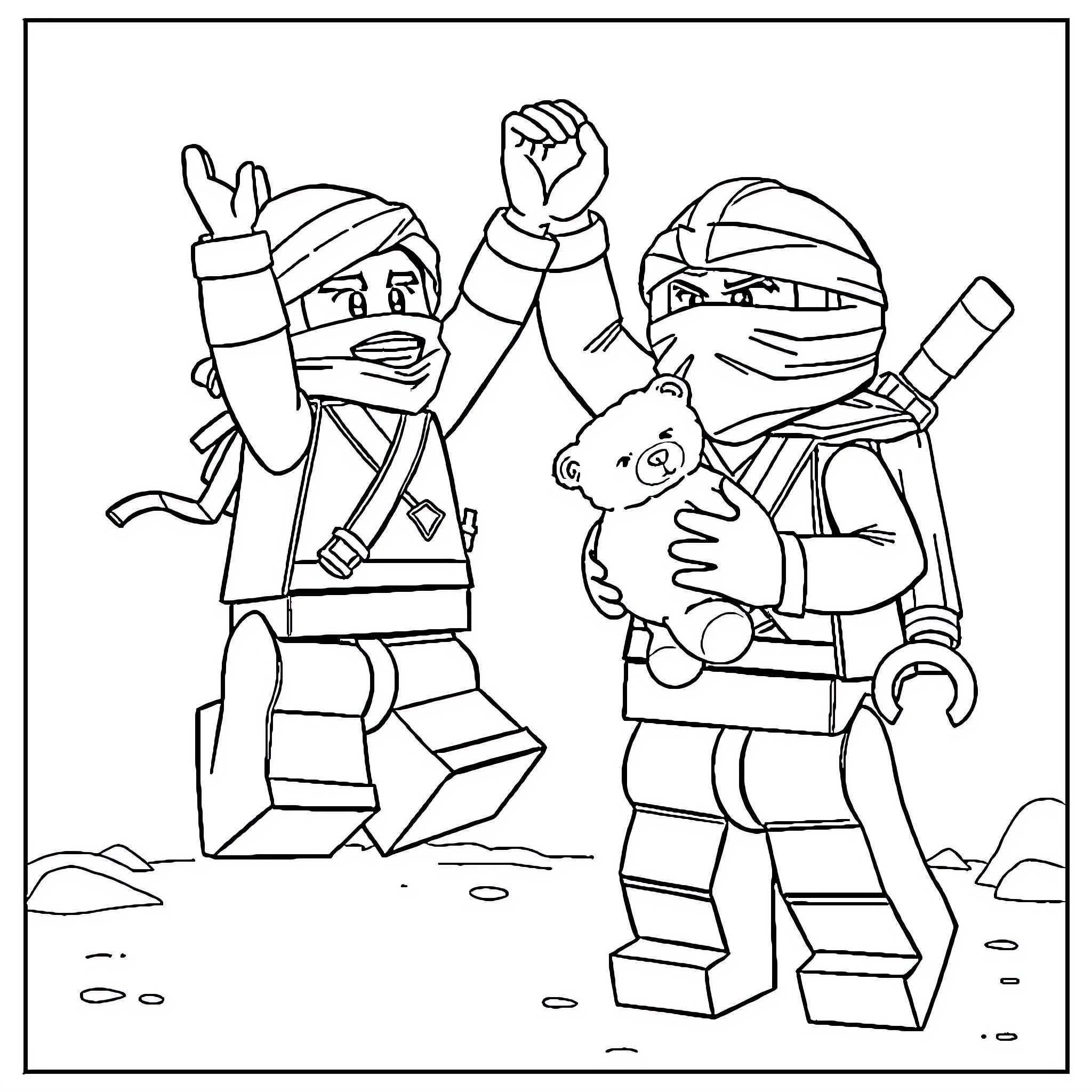 Ninjago ninjas in action with a captured pet Coloring Page (free black-and-white line drawing printable PDF for all, from beginners to advanced learners, including children, teens, adults, and seniors)