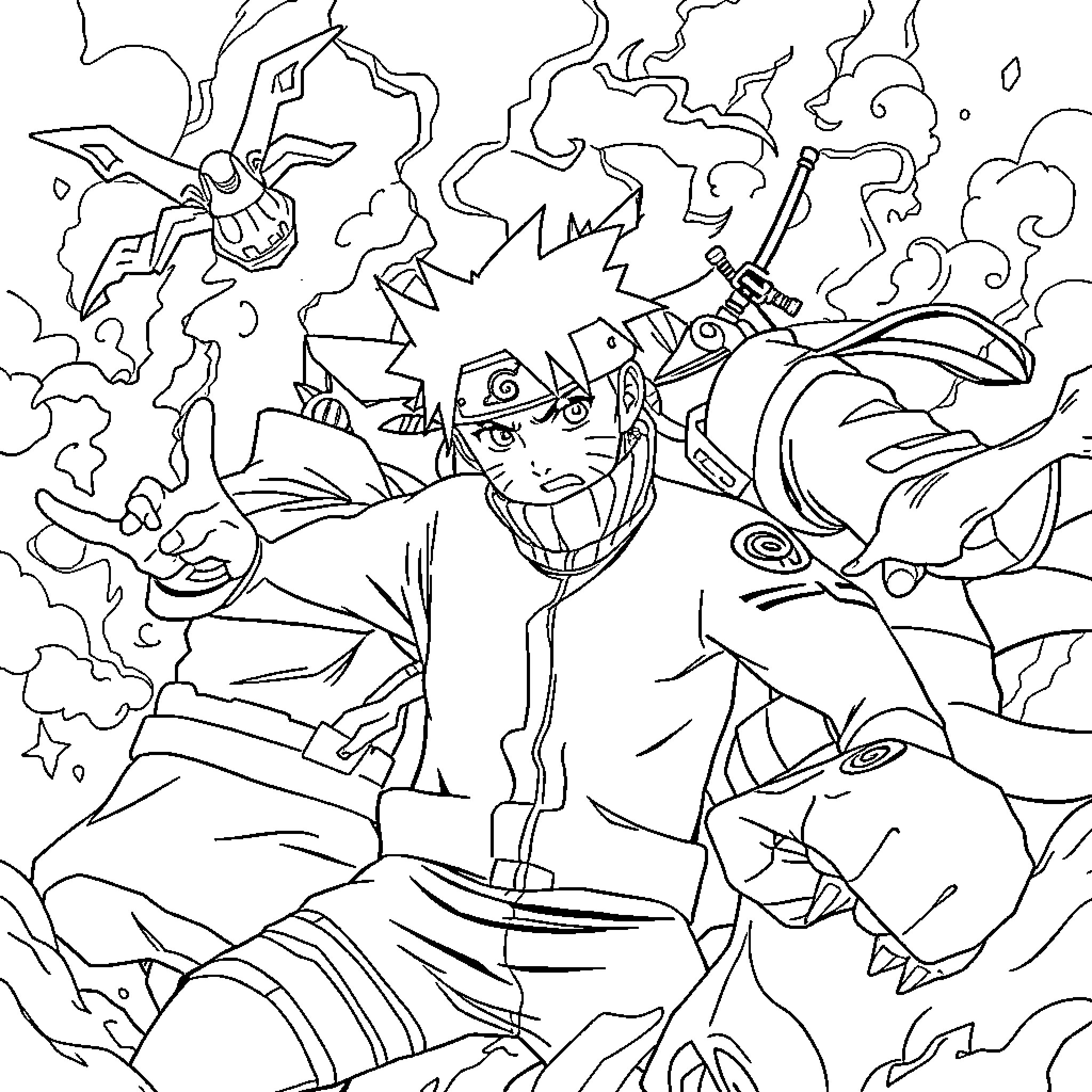 Naruto Unleashing Powerful Jutsu Amidst Intense Chaos Coloring Page (free black-and-white line drawing printable PDF for all, from beginners to advanced learners, including children, teens, adults, and seniors)