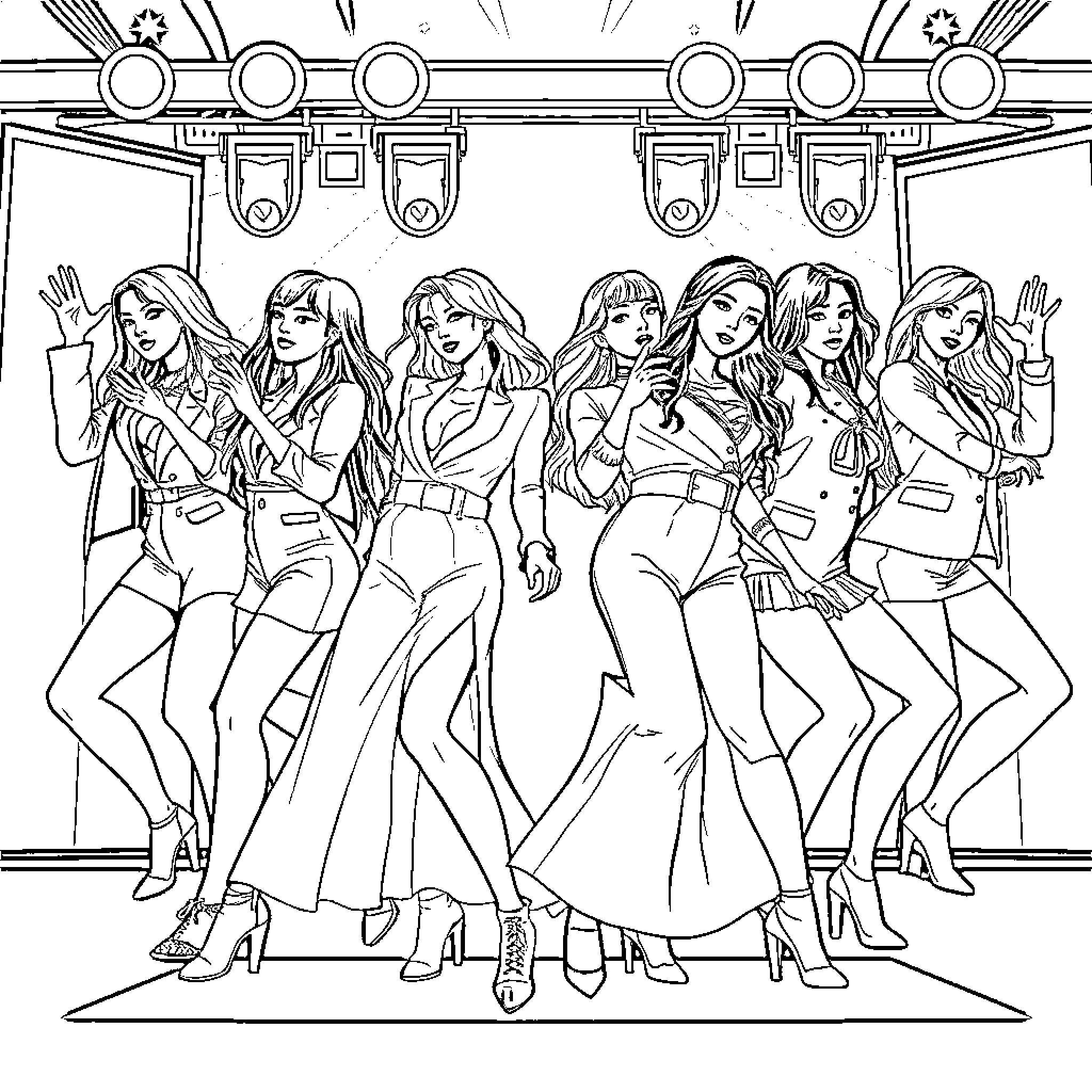 K-Pop Warriors Striking Powerful Poses on Stage Coloring Page (free black-and-white line drawing printable PDF for all, from beginners to advanced learners, including children, teens, adults, and seniors)