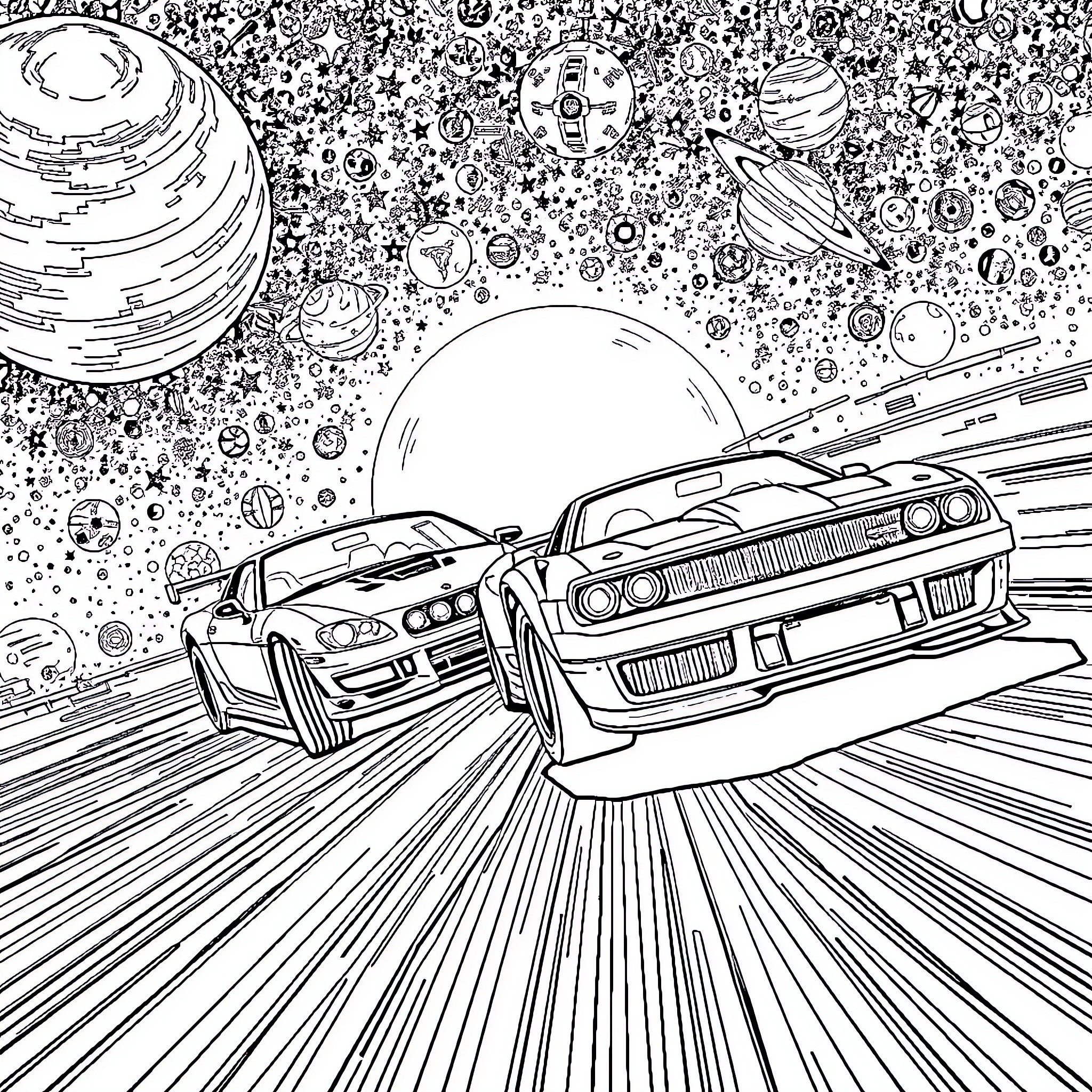 Tow Care Races in Cosmic Landscape Coloring Page (free black-and-white line drawing printable PDF for all, from beginners to advanced learners, including children, teens, adults, and seniors)