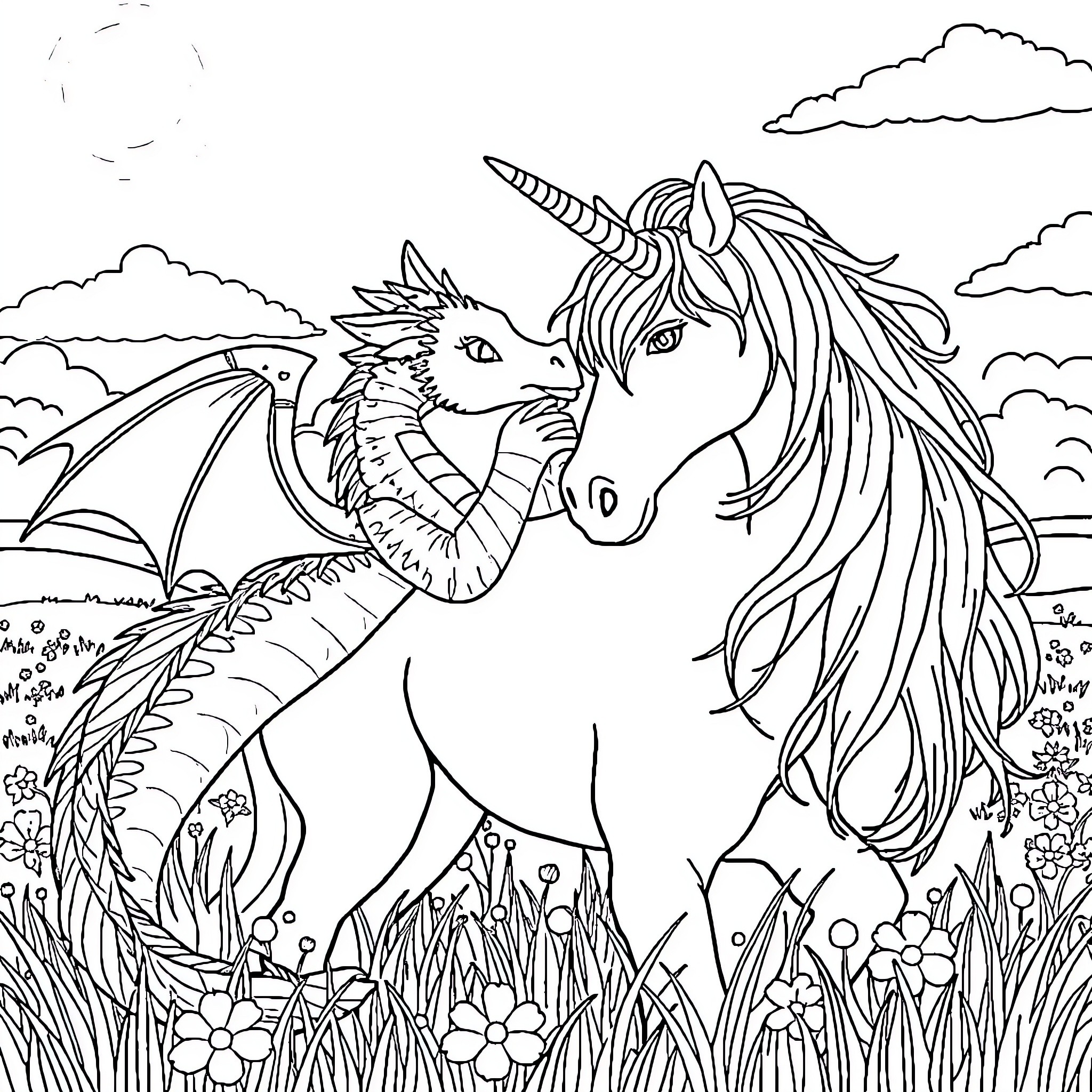 Dragon and Unicorn interacting in mythical meadow Coloring Page (free black-and-white line drawing printable PDF for all, from beginners to advanced learners, including children, teens, adults, and seniors)