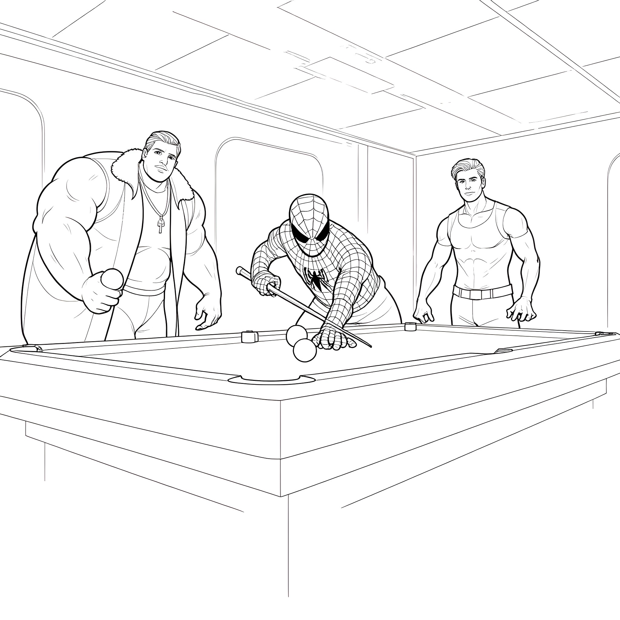 Spiderman and allies in action poses Coloring Page (free black-and-white line drawing printable PDF for all, from beginners to advanced learners, including children, teens, adults, and seniors)