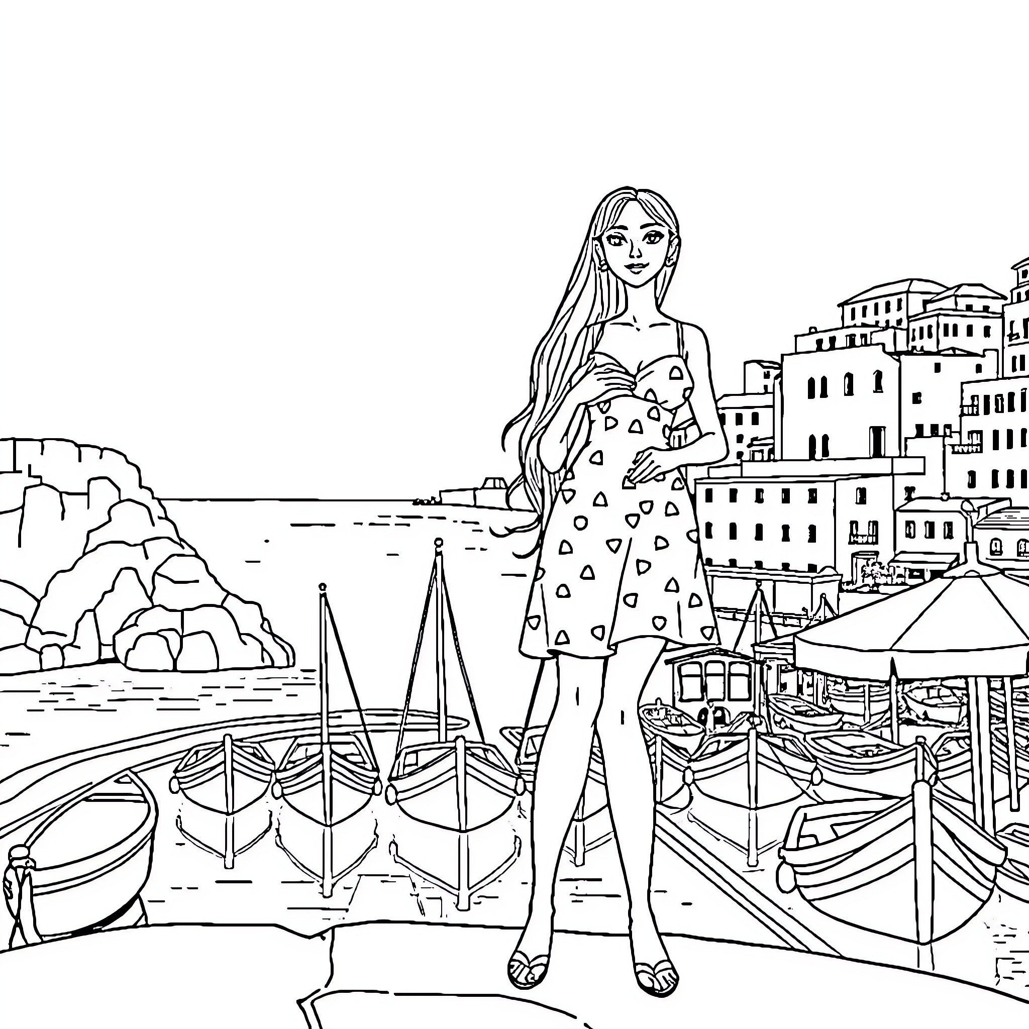 Vaiana exploring the vibrant coastal town Coloring Page (free black-and-white line drawing printable PDF for all, from beginners to advanced learners, including children, teens, adults, and seniors)