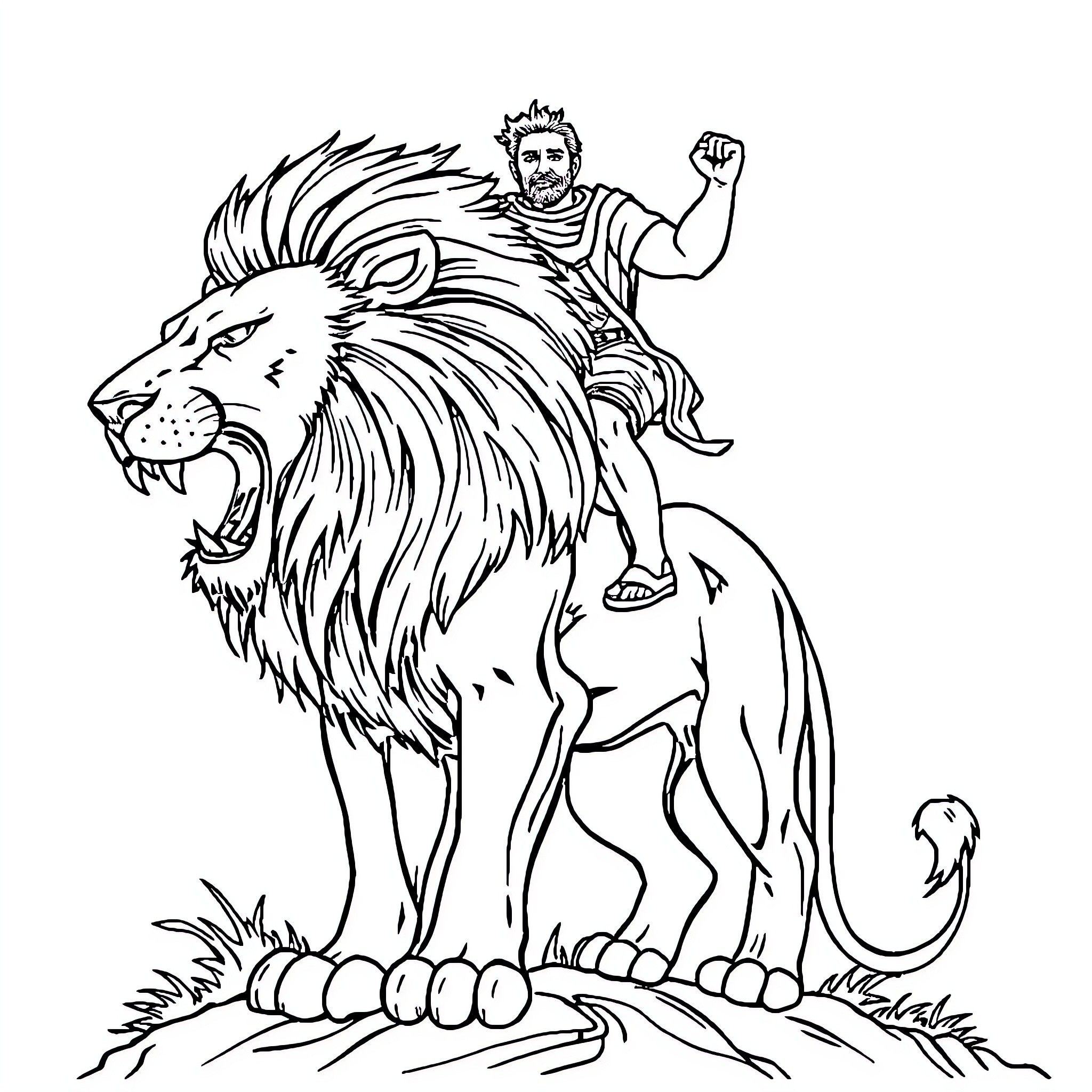 Man riding a mighty lion with determination Coloring Page (free black-and-white line drawing printable PDF for all, from beginners to advanced learners, including children, teens, adults, and seniors)