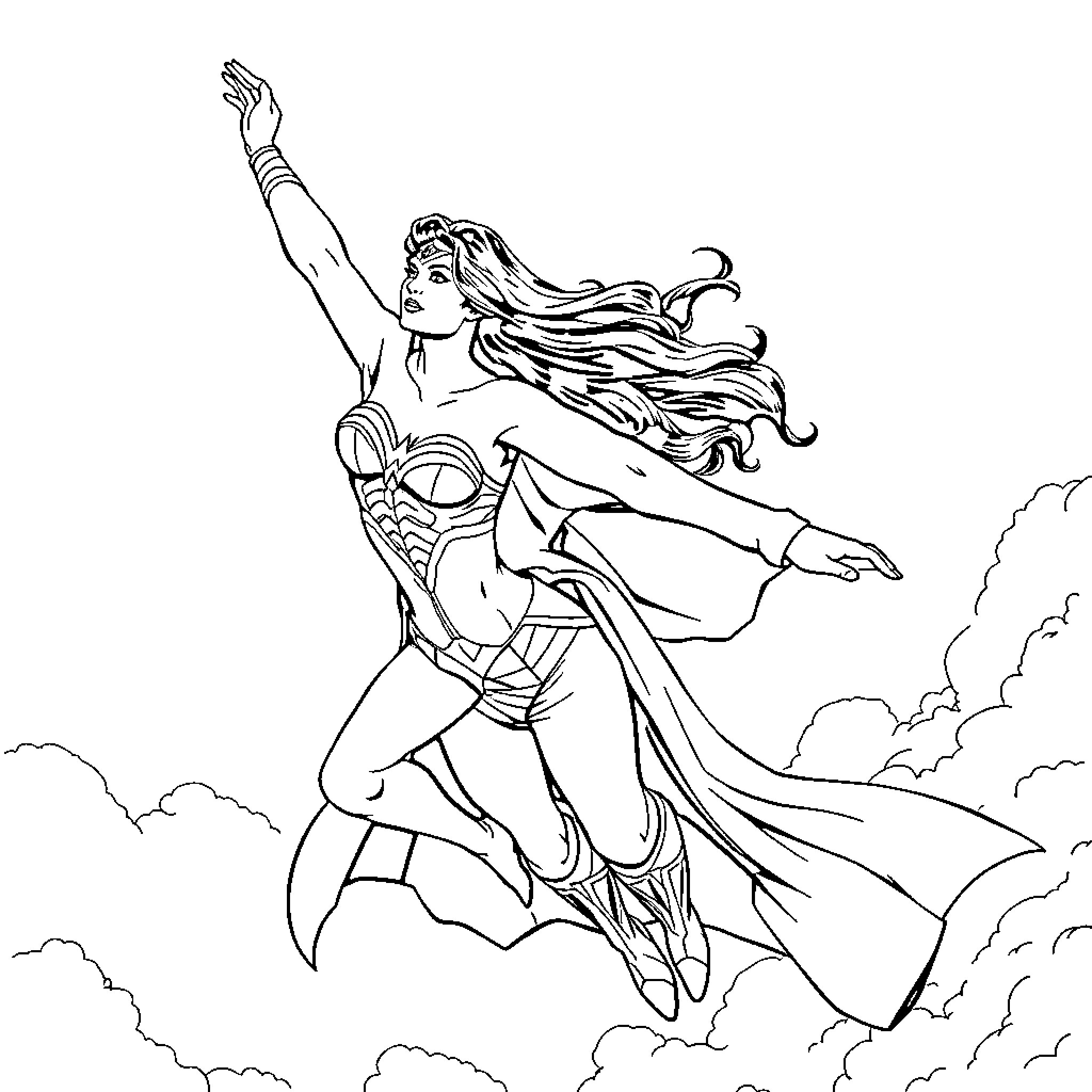 Wonder Woman soaring gracefully through the skies Coloring Page (free black-and-white line drawing printable PDF for all, from beginners to advanced learners, including children, teens, adults, and seniors)