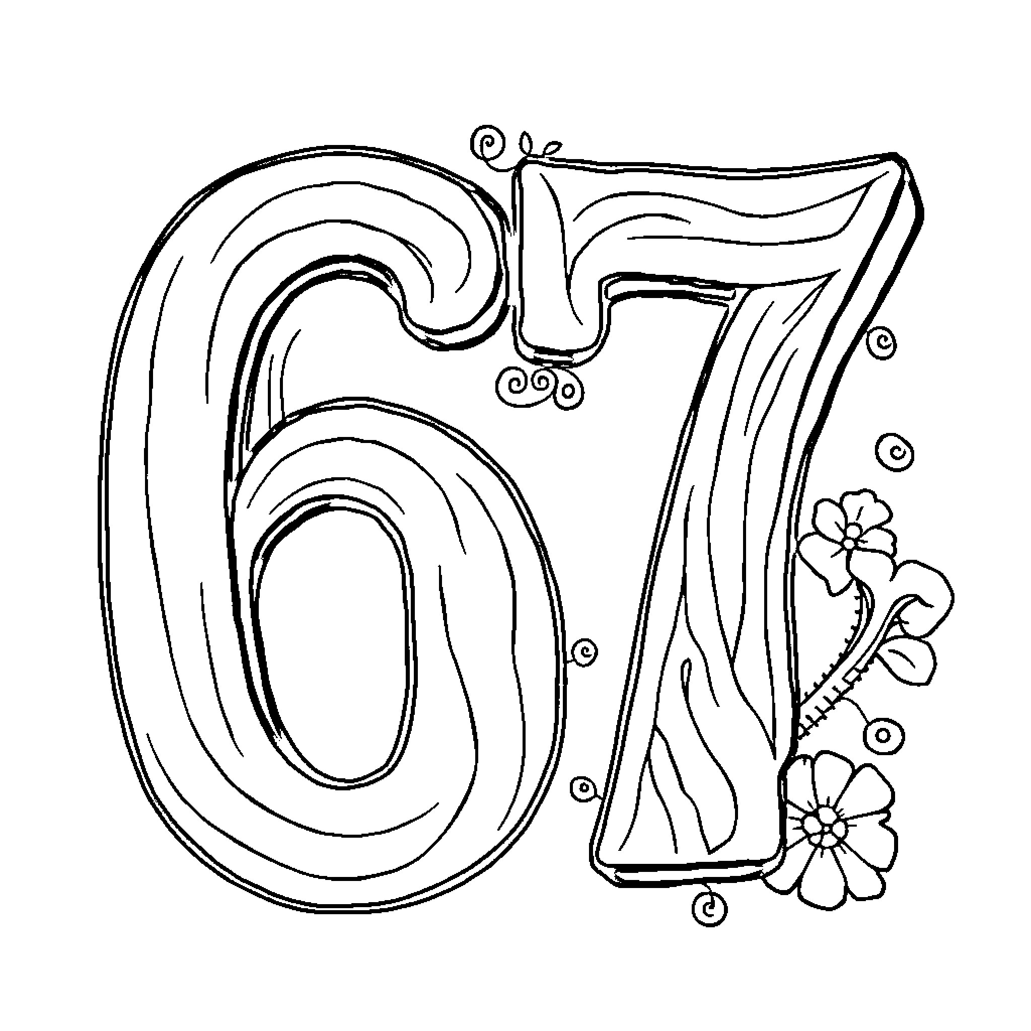 67 Decorative numbers and floral elements Coloring Page (free black-and-white line drawing printable PDF for all, from beginners to advanced learners, including children, teens, adults, and seniors)