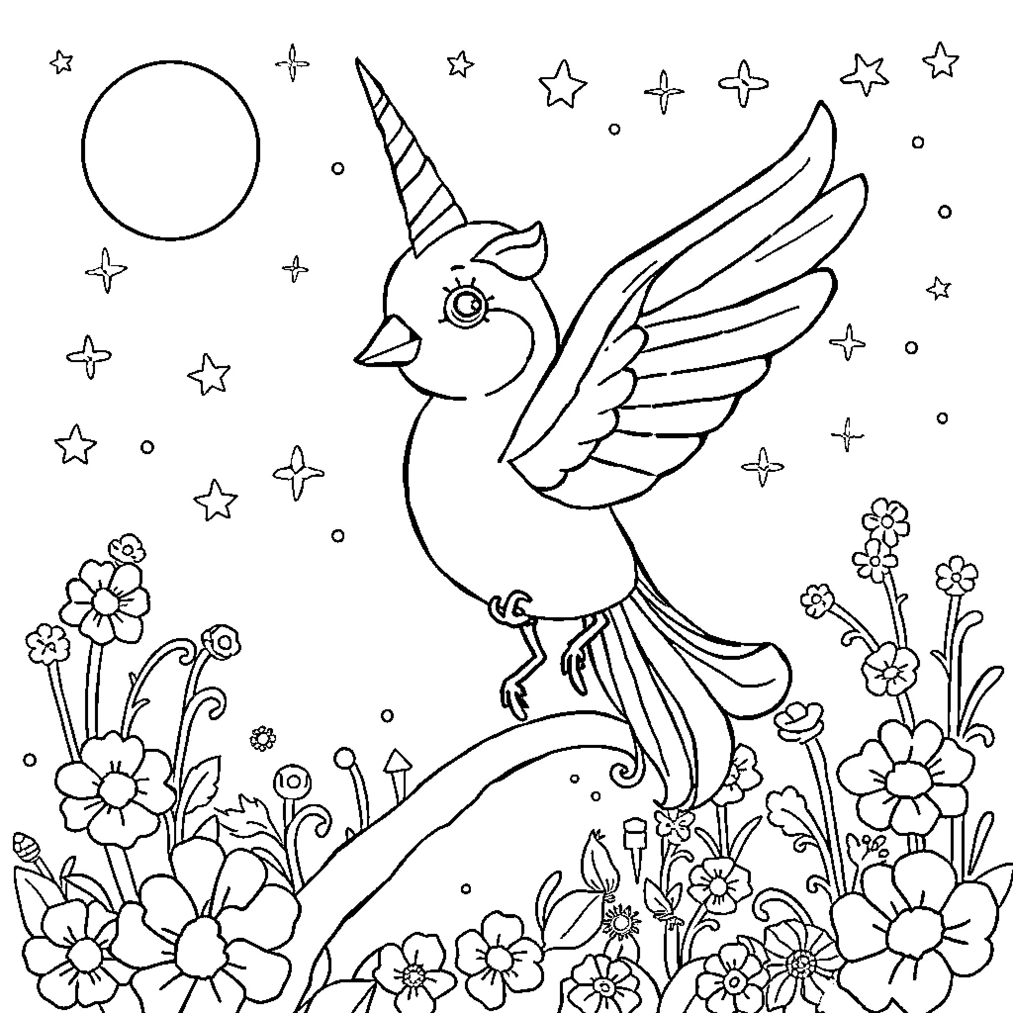 Unicorn bird flying gracefully among stars and flowers Coloring Page (free black-and-white line drawing printable PDF for all, from beginners to advanced learners, including children, teens, adults, and seniors)