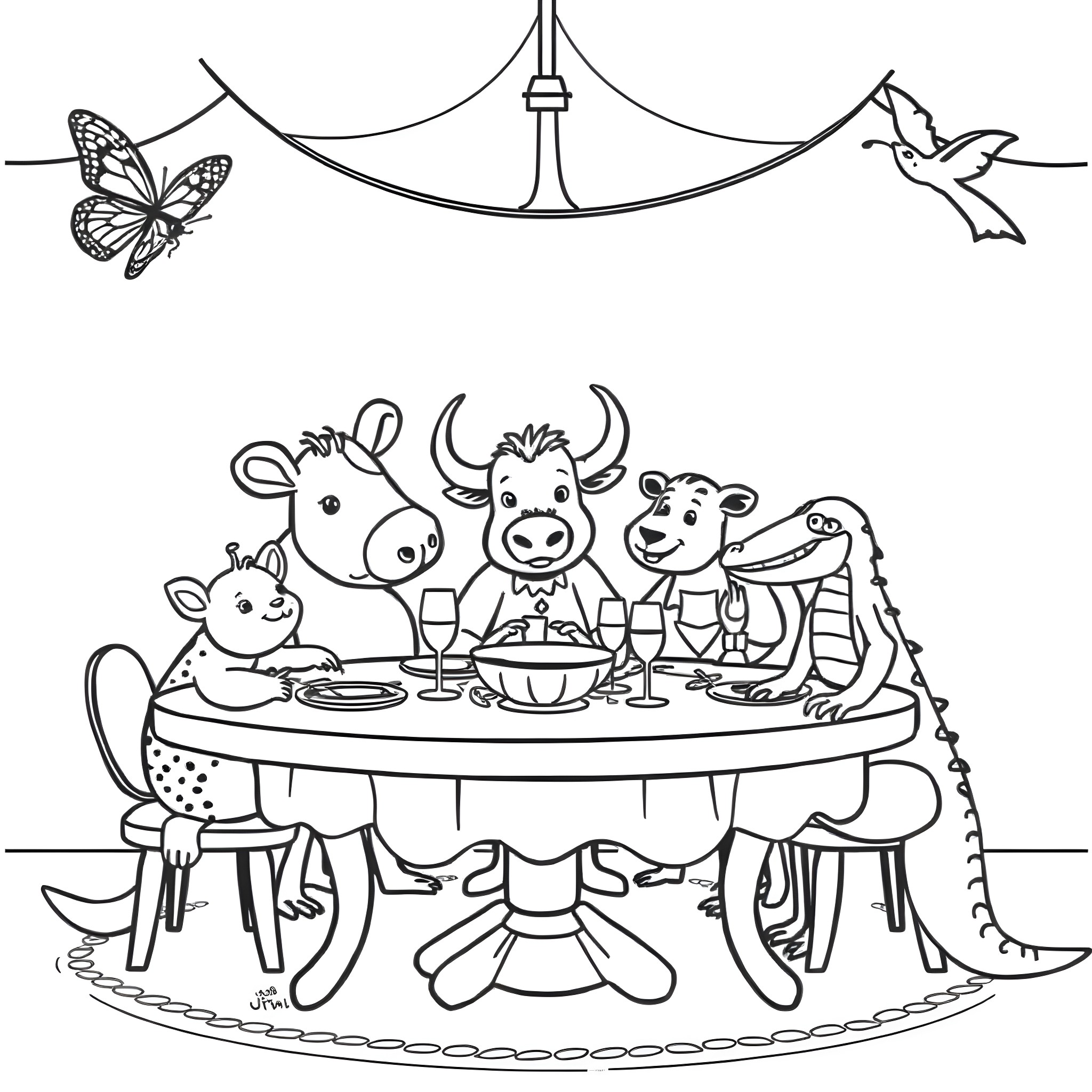 Butterfly creatures gathered for a meal Coloring Page (free black-and-white line drawing printable PDF for all, from beginners to advanced learners, including children, teens, adults, and seniors)