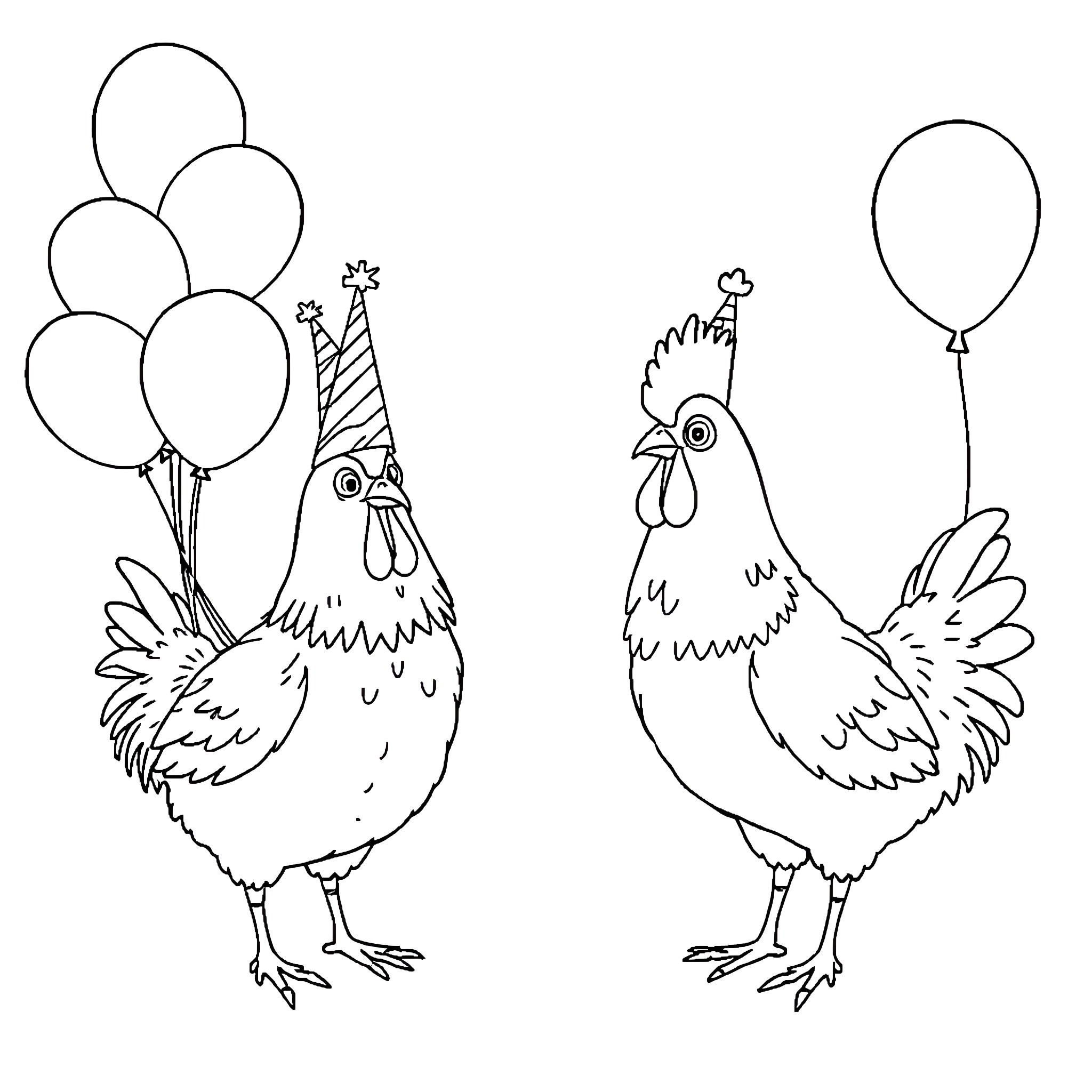 Chicken party with balloons and festive hats Coloring Page (free black-and-white line drawing printable PDF for all, from beginners to advanced learners, including children, teens, adults, and seniors)