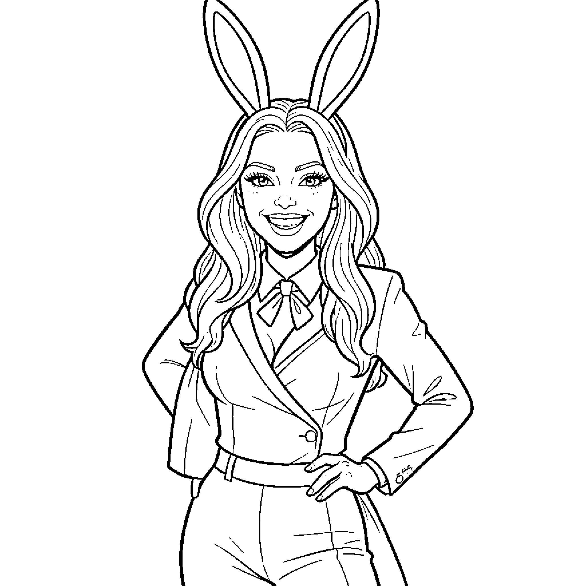 Bunny-eared woman in smart business attire Coloring Page (free black-and-white line drawing printable PDF for all, from beginners to advanced learners, including children, teens, adults, and seniors)