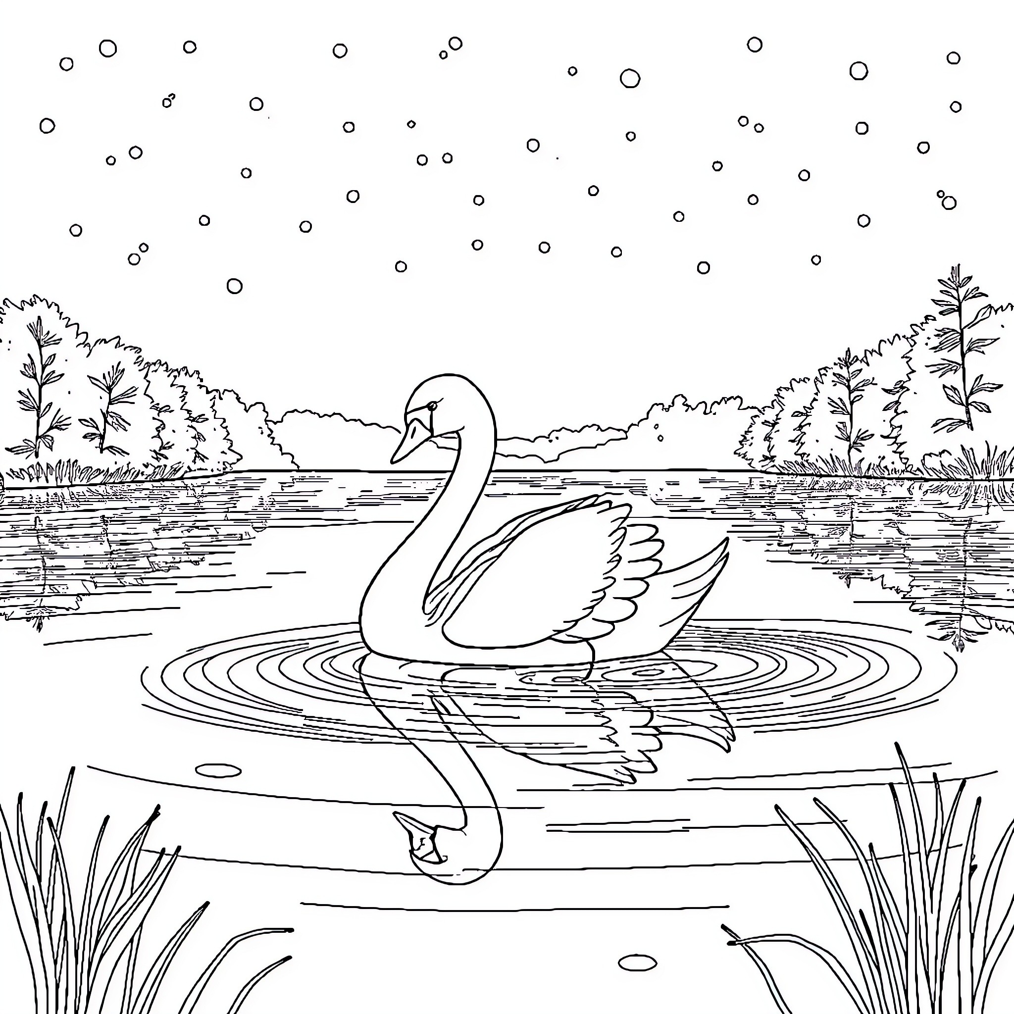 Swan gracefully swimming in serene lake Coloring Page (free black-and-white line drawing printable PDF for all, from beginners to advanced learners, including children, teens, adults, and seniors)