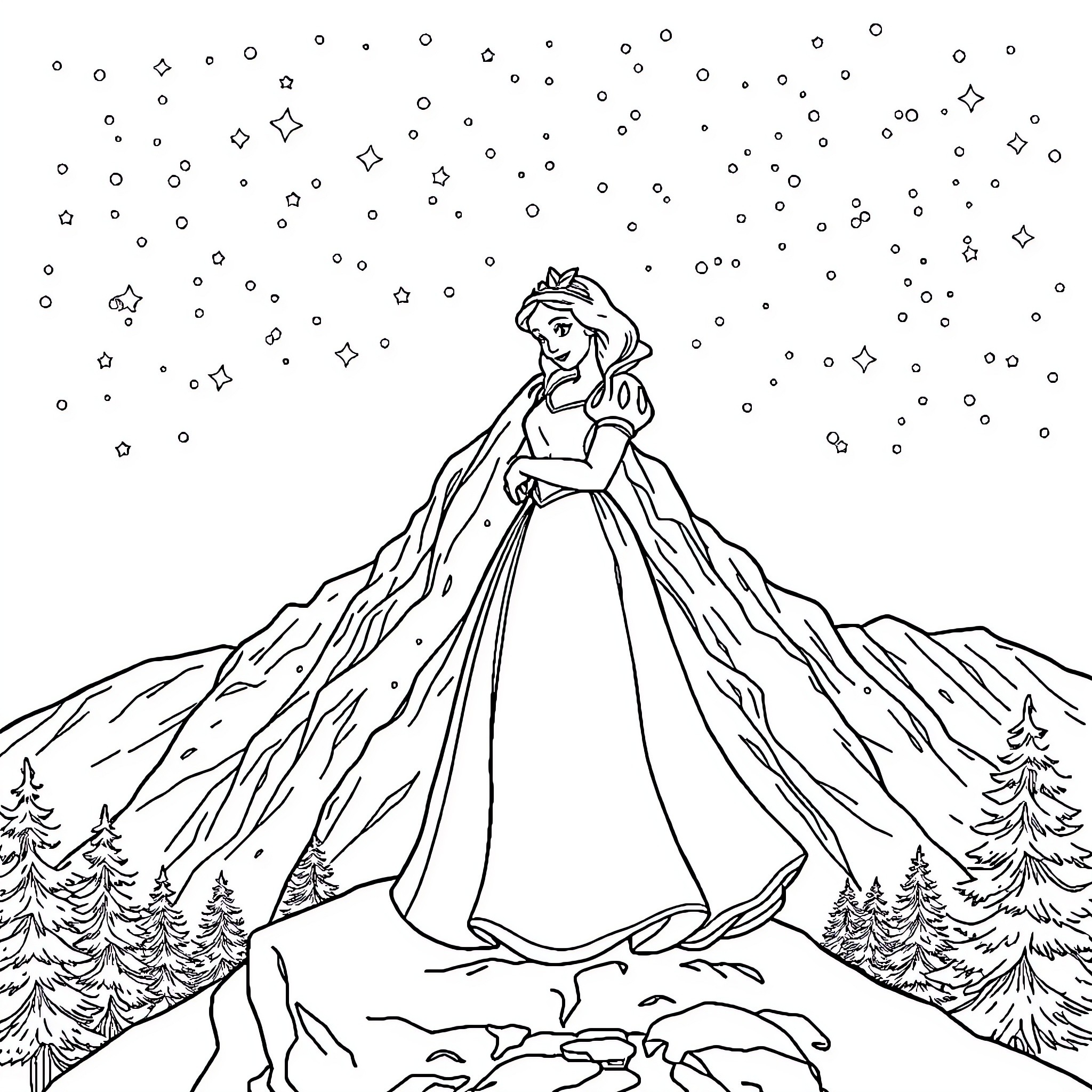 Snow White wandering in the snowy forest Coloring Page (free black-and-white line drawing printable PDF for all, from beginners to advanced learners, including children, teens, adults, and seniors)