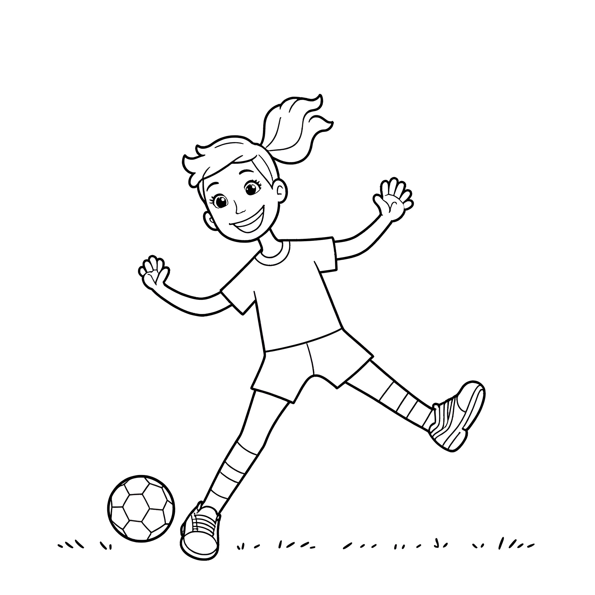 Alexalados girl playing soccer happily Coloring Page (free black-and-white line drawing printable PDF for all, from beginners to advanced learners, including children, teens, adults, and seniors)
