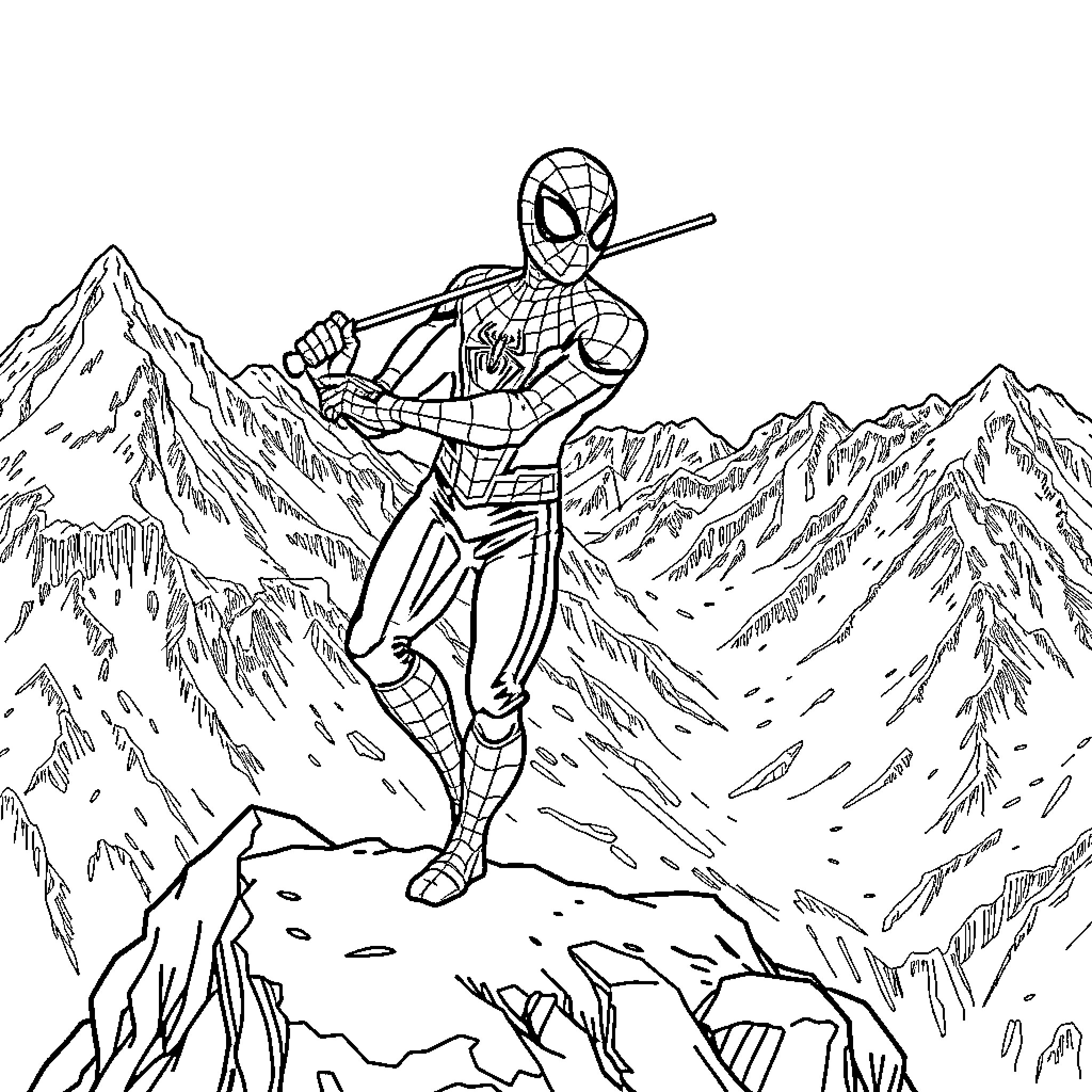 Spiderman scaling a rocky mountain landscape Coloring Page (free black-and-white line drawing printable PDF for all, from beginners to advanced learners, including children, teens, adults, and seniors)