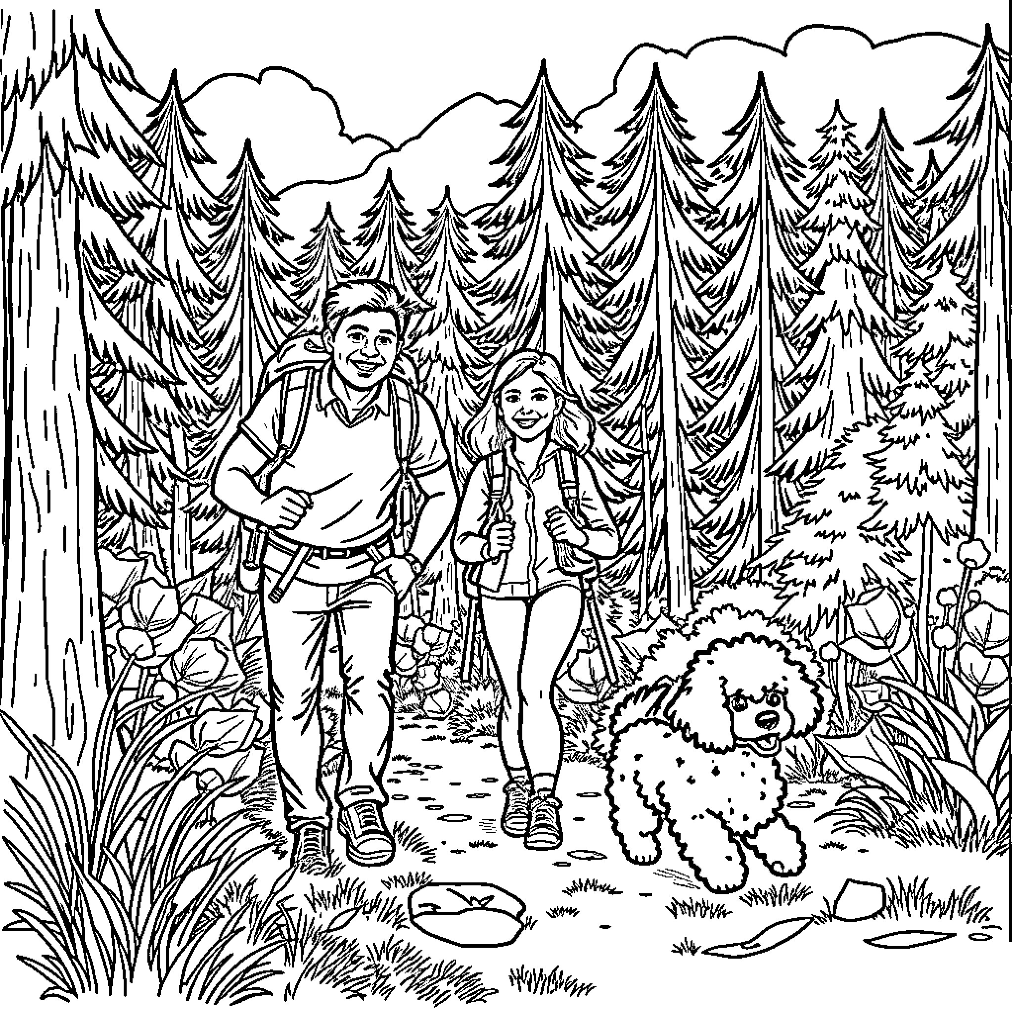 Poodle Hiking with Couple in Snowy Forest Coloring Page (free black-and-white line drawing printable PDF for all, from beginners to advanced learners, including children, teens, adults, and seniors)