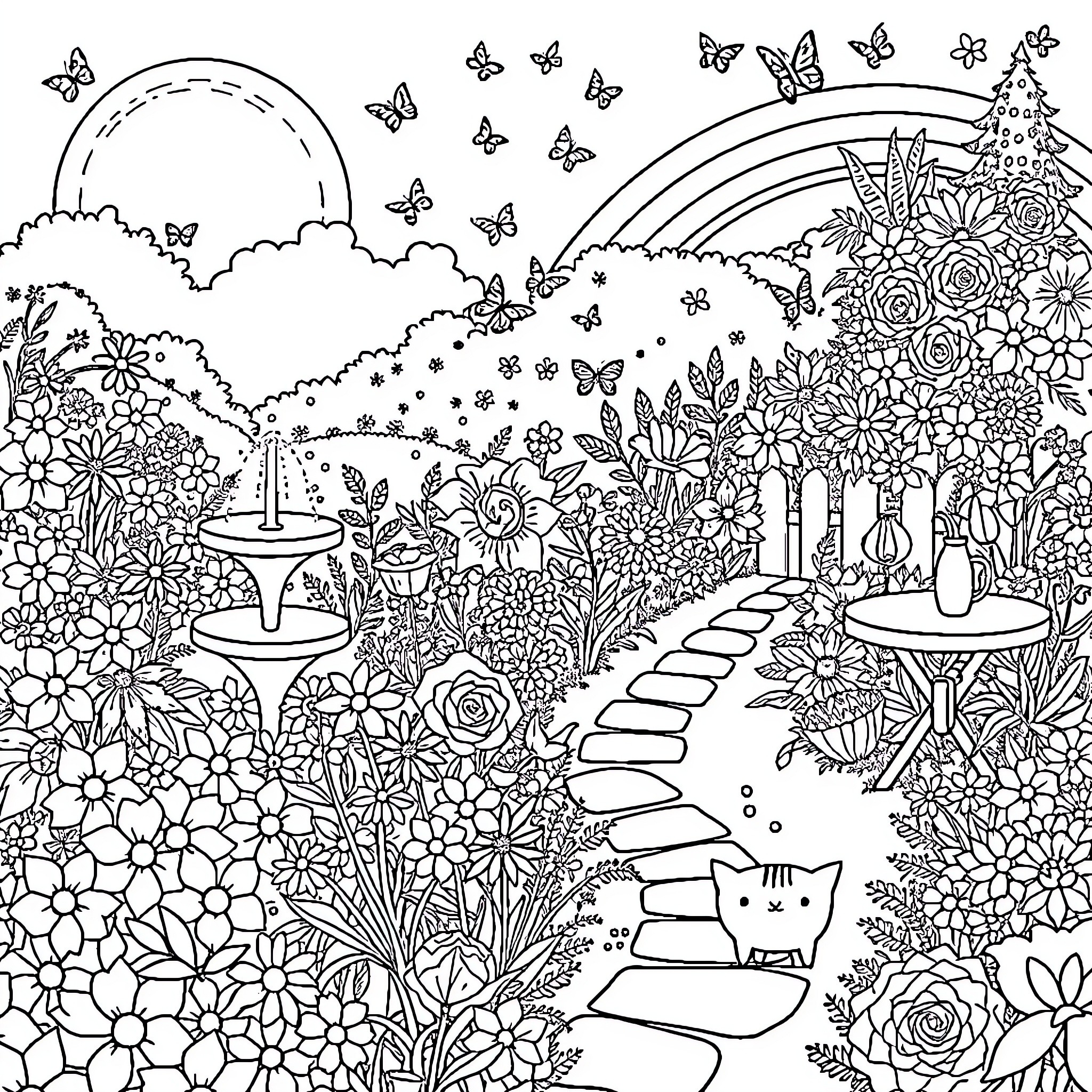Cat enjoying a lush garden paradise Coloring Page (free black-and-white line drawing printable PDF for all, from beginners to advanced learners, including children, teens, adults, and seniors)