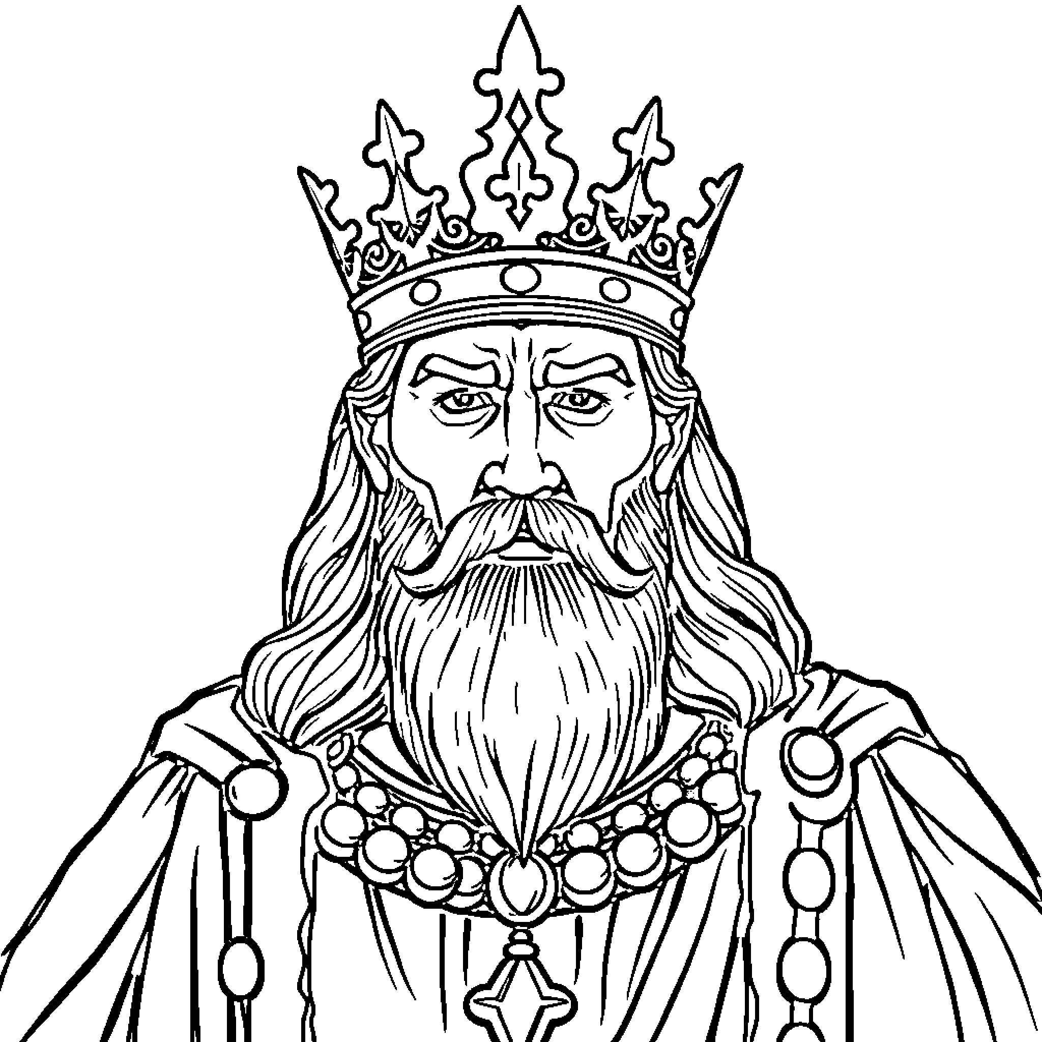 King Wearing Regal Crown and Ornate Clothing Coloring Page (free black-and-white line drawing printable PDF for all, from beginners to advanced learners, including children, teens, adults, and seniors)