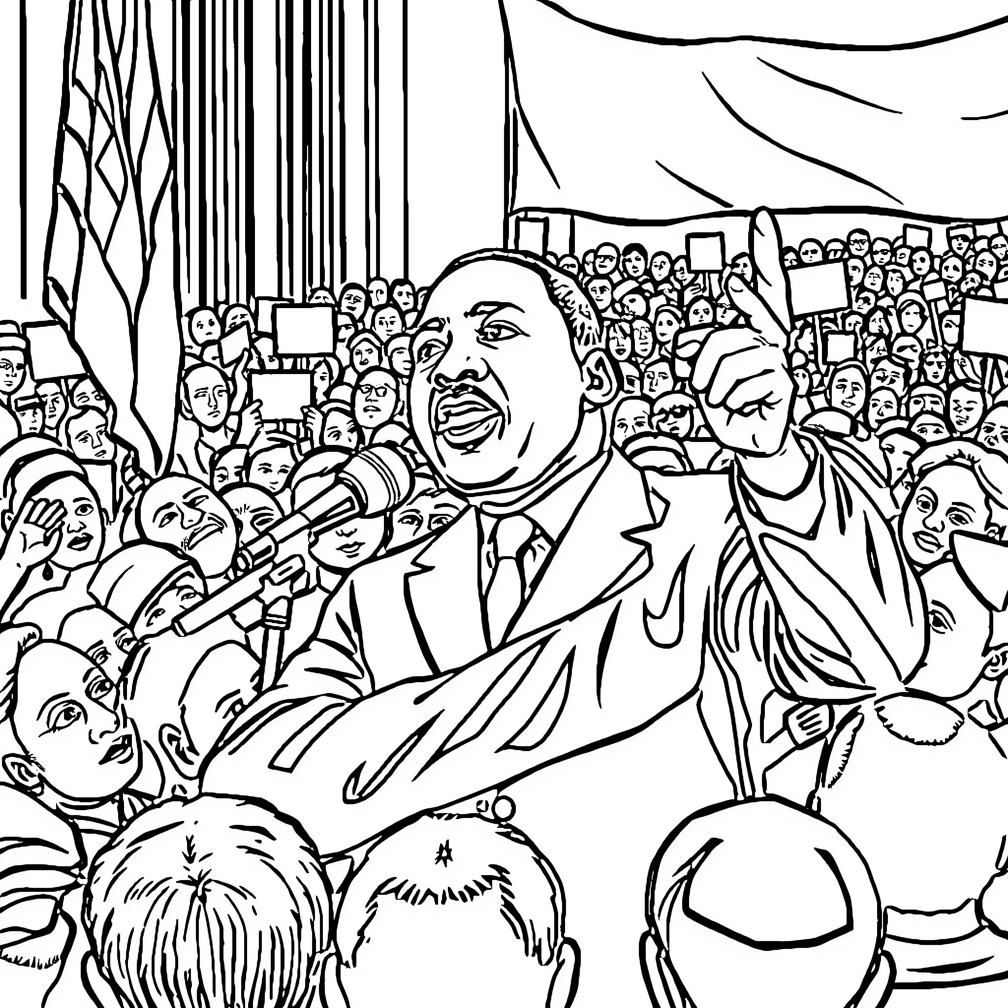 Martin Luther King Junior delivering a passionate speech to a large crowd Coloring Page (free black-and-white line drawing printable PDF for all, from beginners to advanced learners, including children, teens, adults, and seniors)