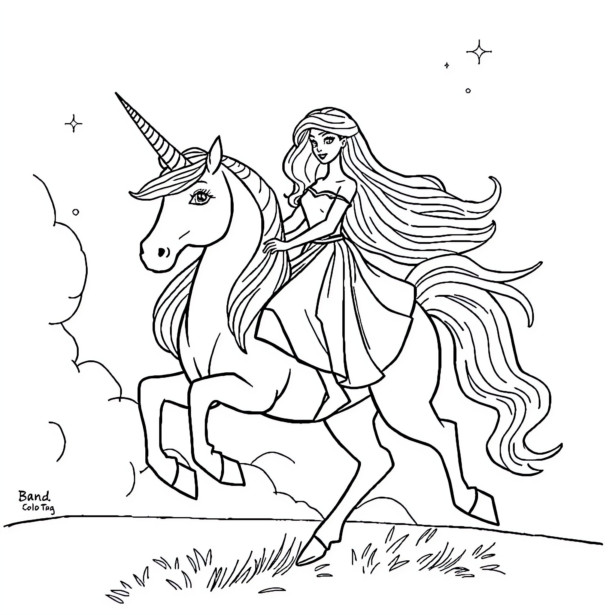 Barbie riding a unicorn in a magical setting Coloring Page (free black-and-white line drawing printable PDF for all, from beginners to advanced learners, including children, teens, adults, and seniors)
