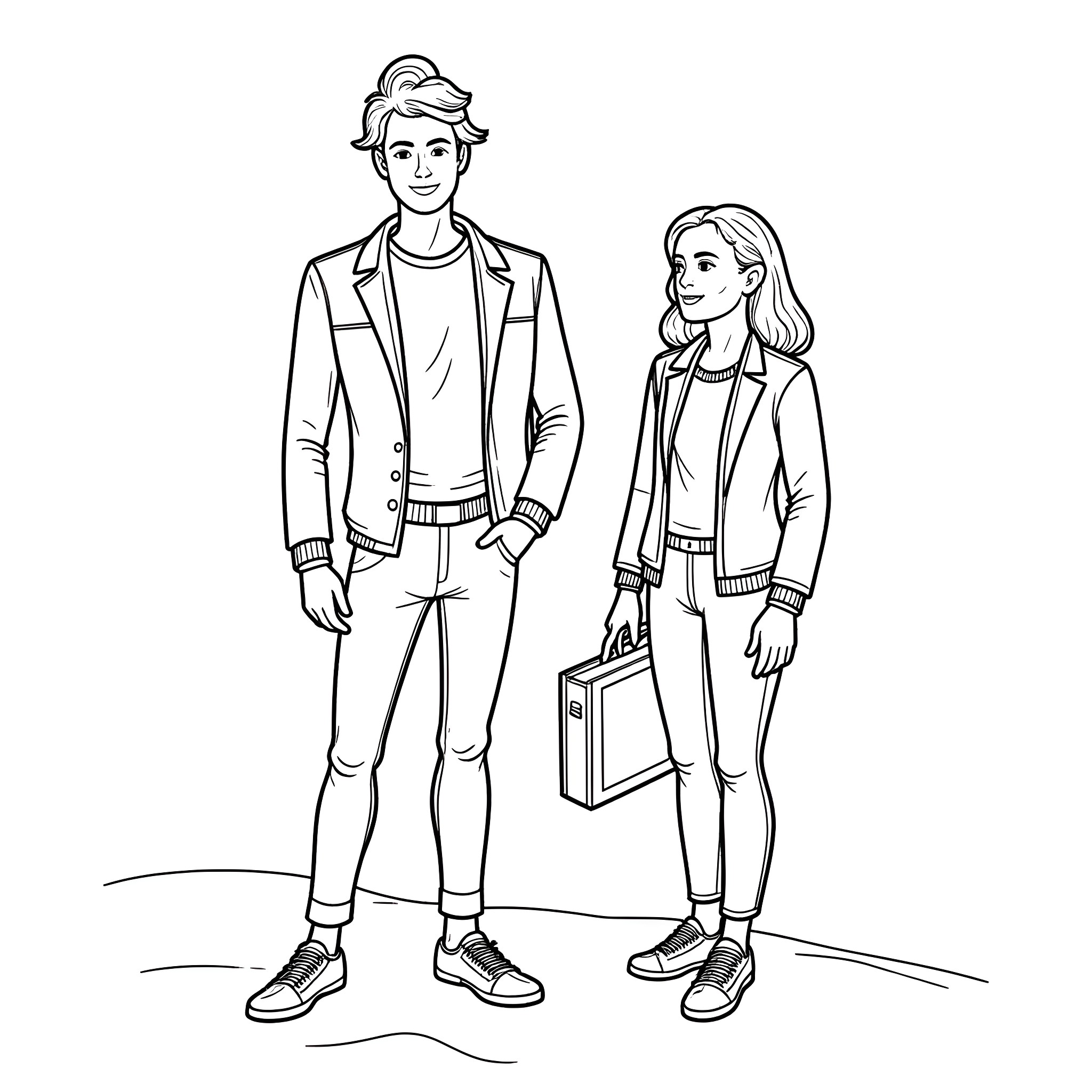 Englishman and woman in casual attire Coloring Page (free black-and-white line drawing printable PDF for all, from beginners to advanced learners, including children, teens, adults, and seniors)