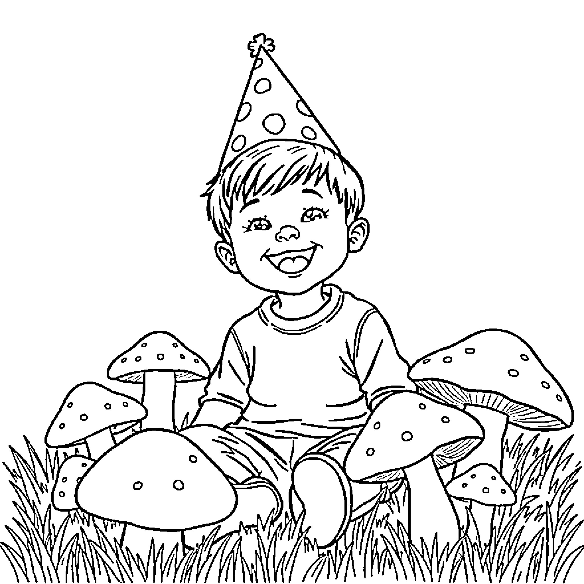 Boy playing amidst colorful mushrooms in nature Coloring Page (free black-and-white line drawing printable PDF for all, from beginners to advanced learners, including children, teens, adults, and seniors)