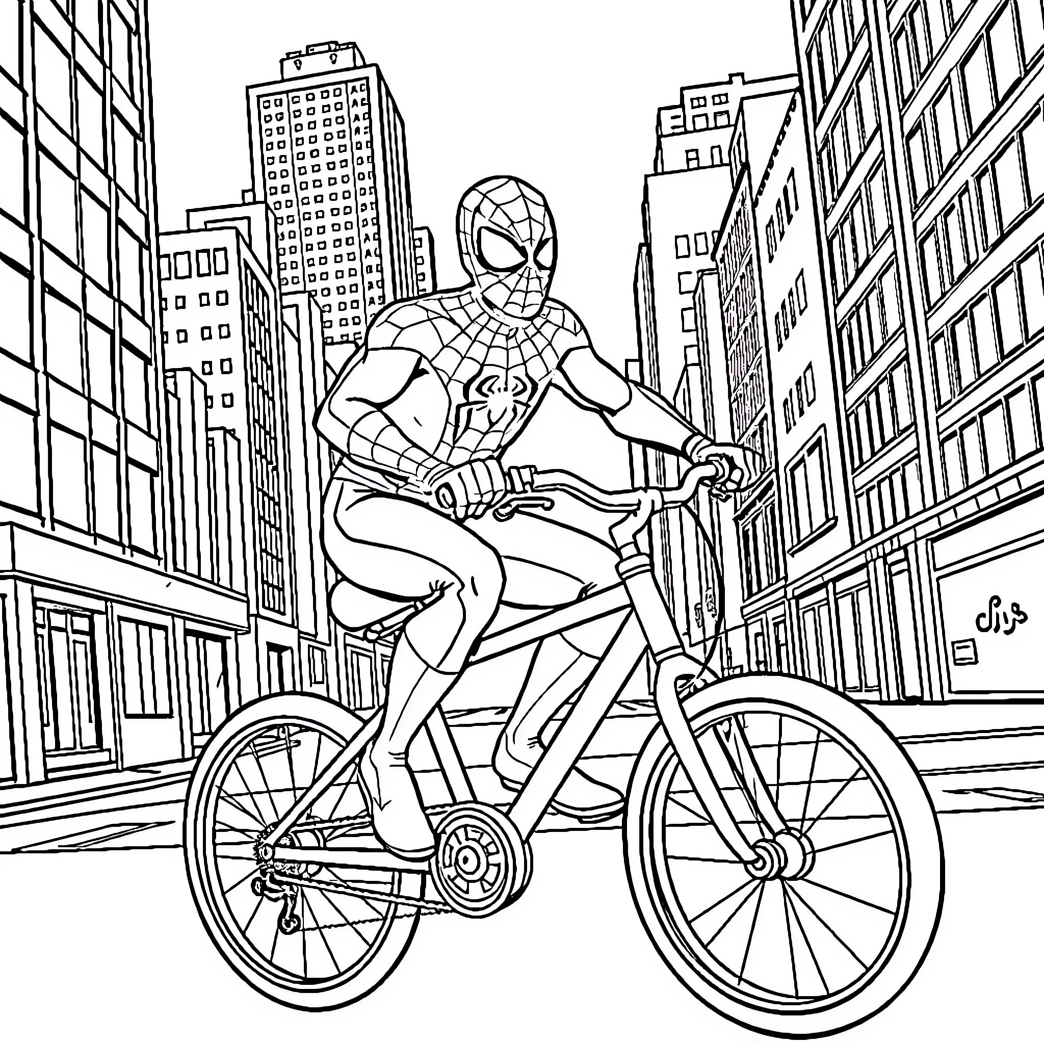 Spiderman biking through the city streets Coloring Page (free black-and-white line drawing printable PDF for all, from beginners to advanced learners, including children, teens, adults, and seniors)