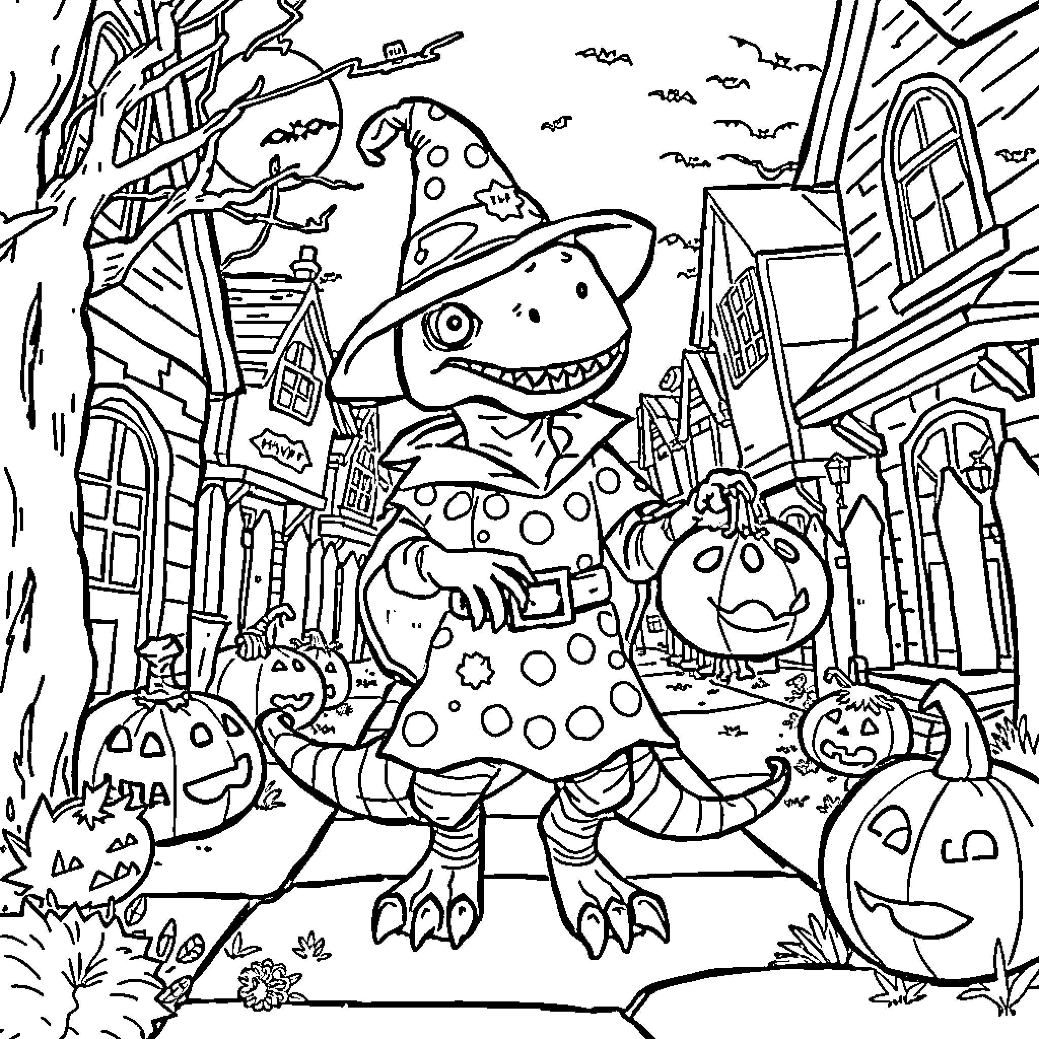 Huntrx Dinosaur Enjoying Halloween Festivities Coloring Page (free black-and-white line drawing printable PDF for all, from beginners to advanced learners, including children, teens, adults, and seniors)