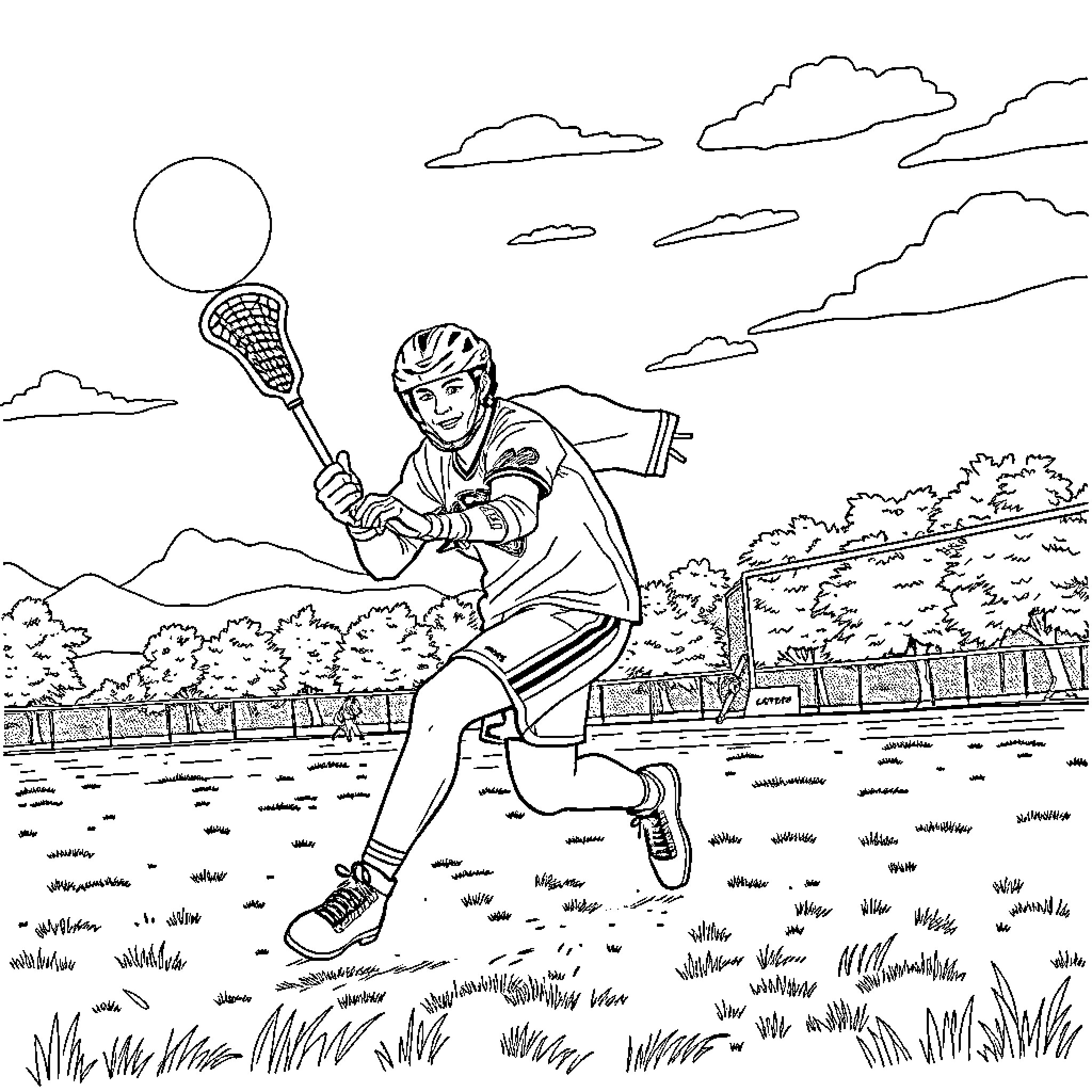 Sidney Crosby playing lacrosse on the field Coloring Page (free black-and-white line drawing printable PDF for all, from beginners to advanced learners, including children, teens, adults, and seniors)