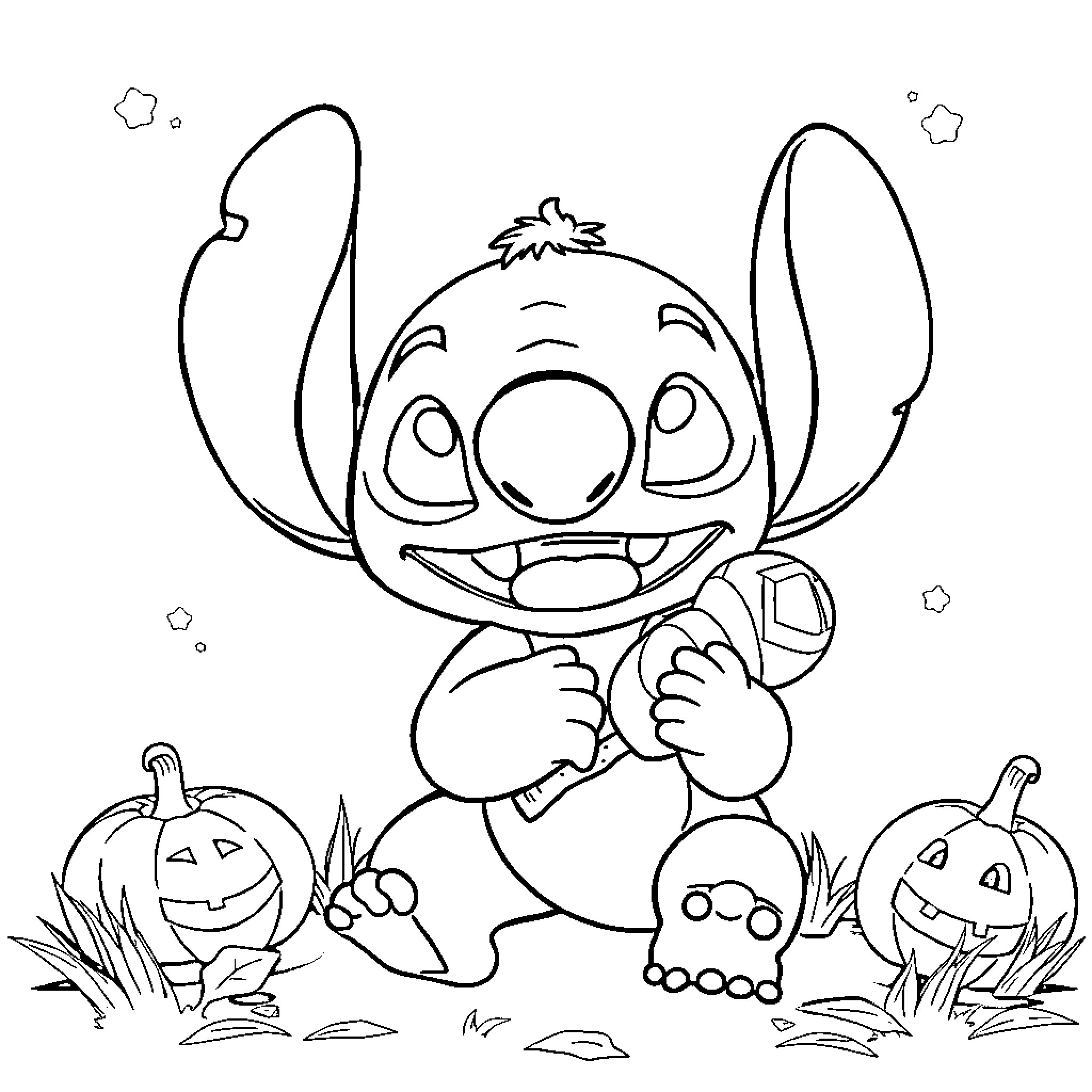 Stitch's Halloween Fun with Pumpkins Coloring Page (free black-and-white line drawing printable PDF for all, from beginners to advanced learners, including children, teens, adults, and seniors)