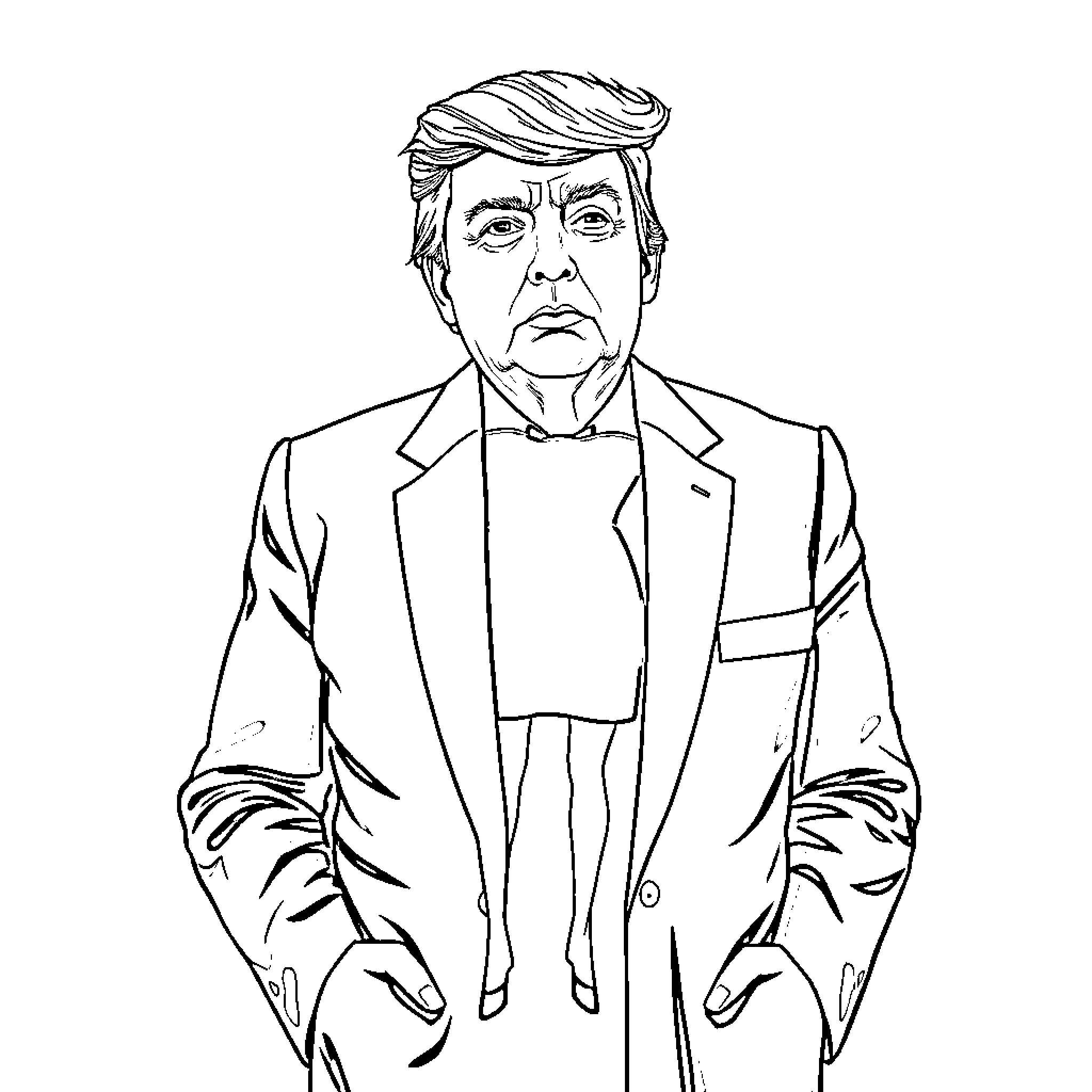 Donald Trump in formal attire with serious expression Coloring Page (free black-and-white line drawing printable PDF for all, from beginners to advanced learners, including children, teens, adults, and seniors)