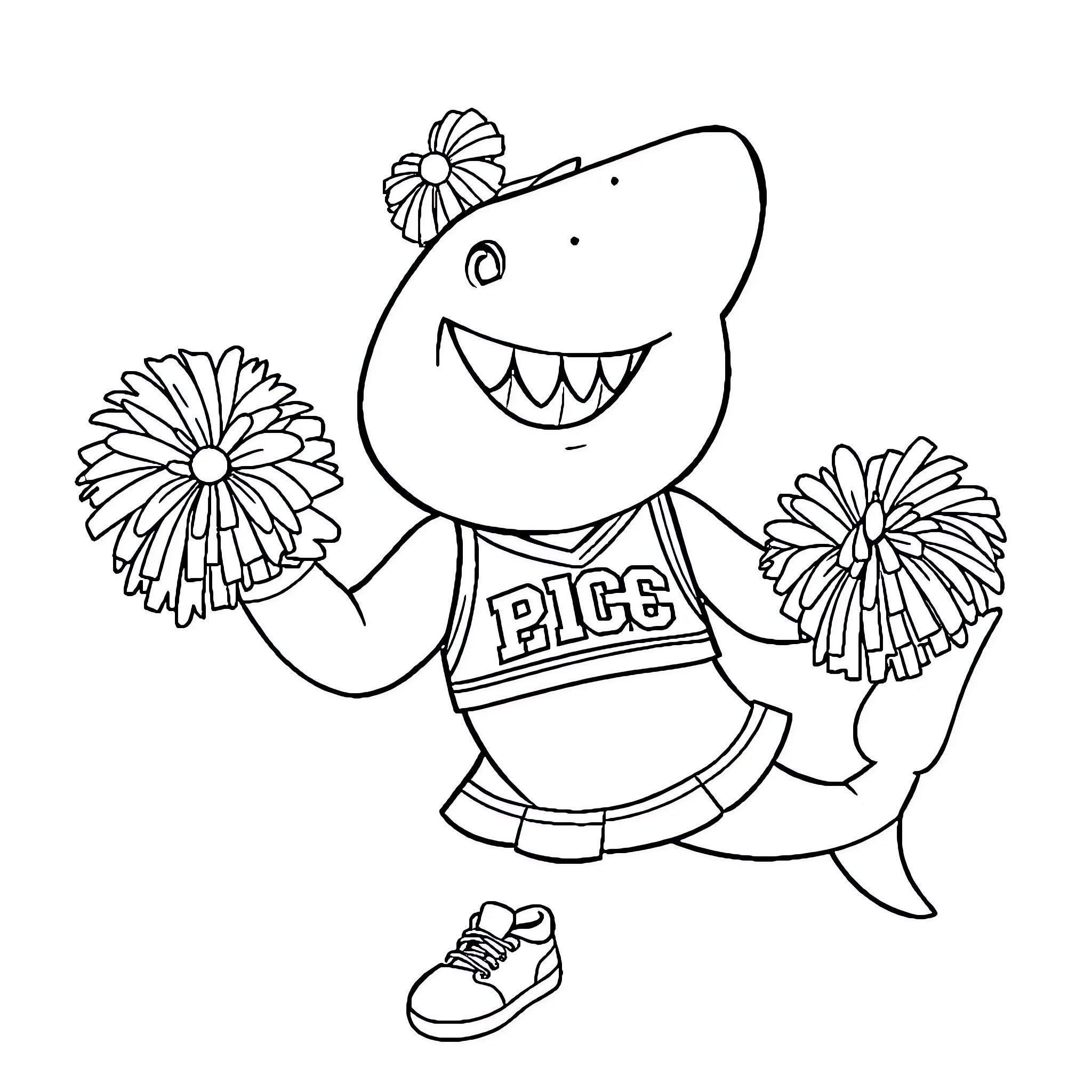 Shark cheerleader performing with pom-poms Coloring Page (free black-and-white line drawing printable PDF for all, from beginners to advanced learners, including children, teens, adults, and seniors)