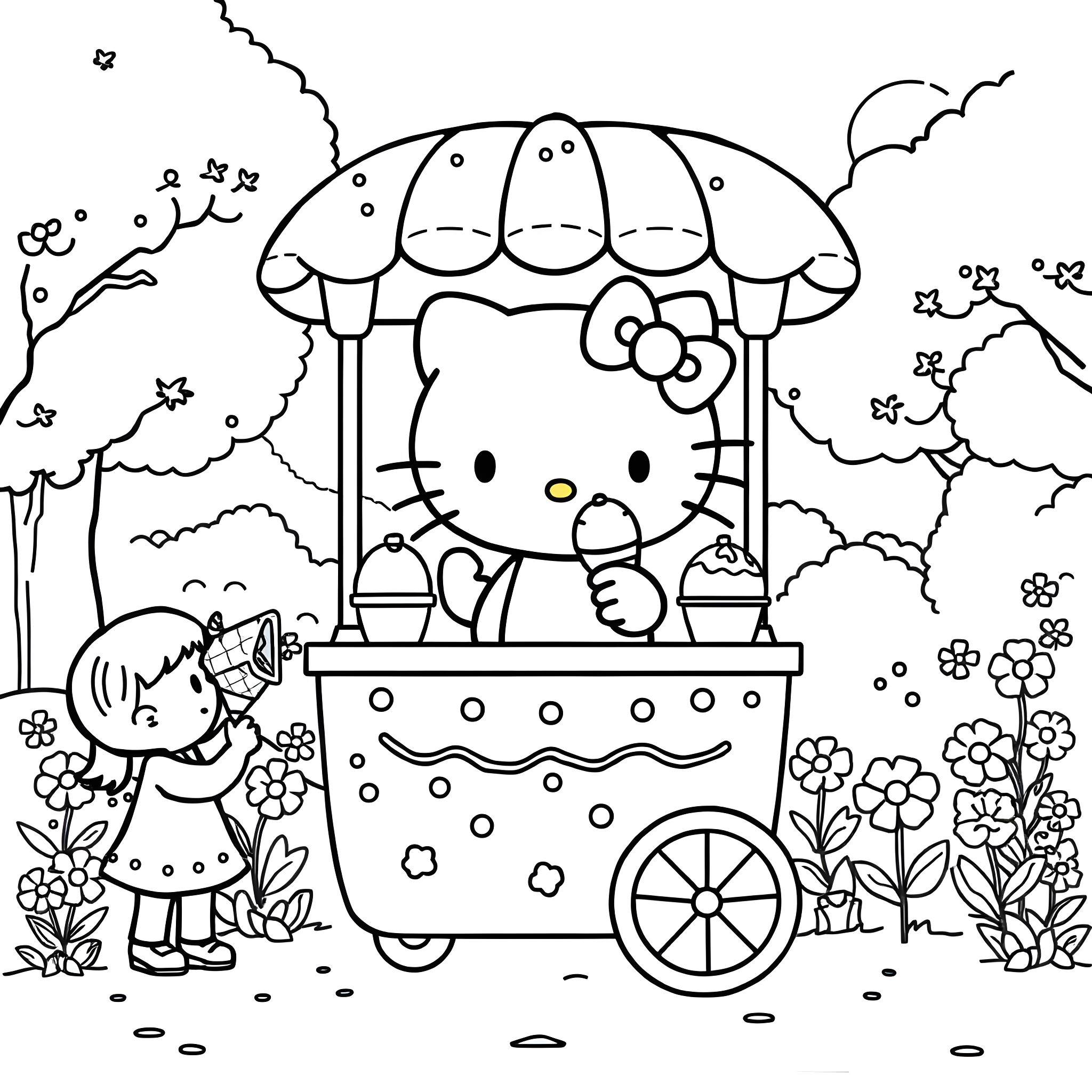Hello Kitty selling treats from a colorful cart Coloring Page (free black-and-white line drawing printable PDF for all, from beginners to advanced learners, including children, teens, adults, and seniors)