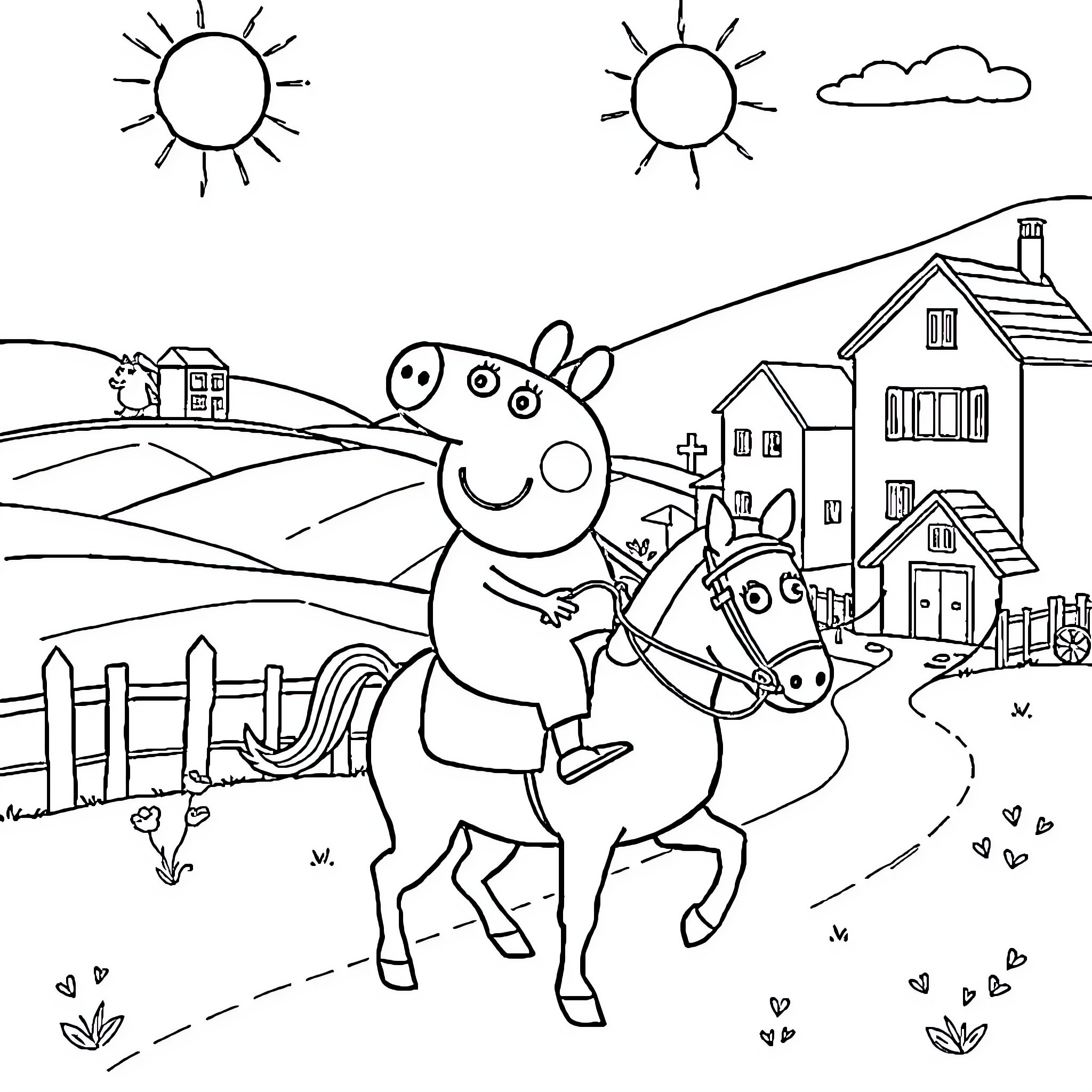Peppa Pig riding a pony through a countryside town Coloring Page (free black-and-white line drawing printable PDF for all, from beginners to advanced learners, including children, teens, adults, and seniors)