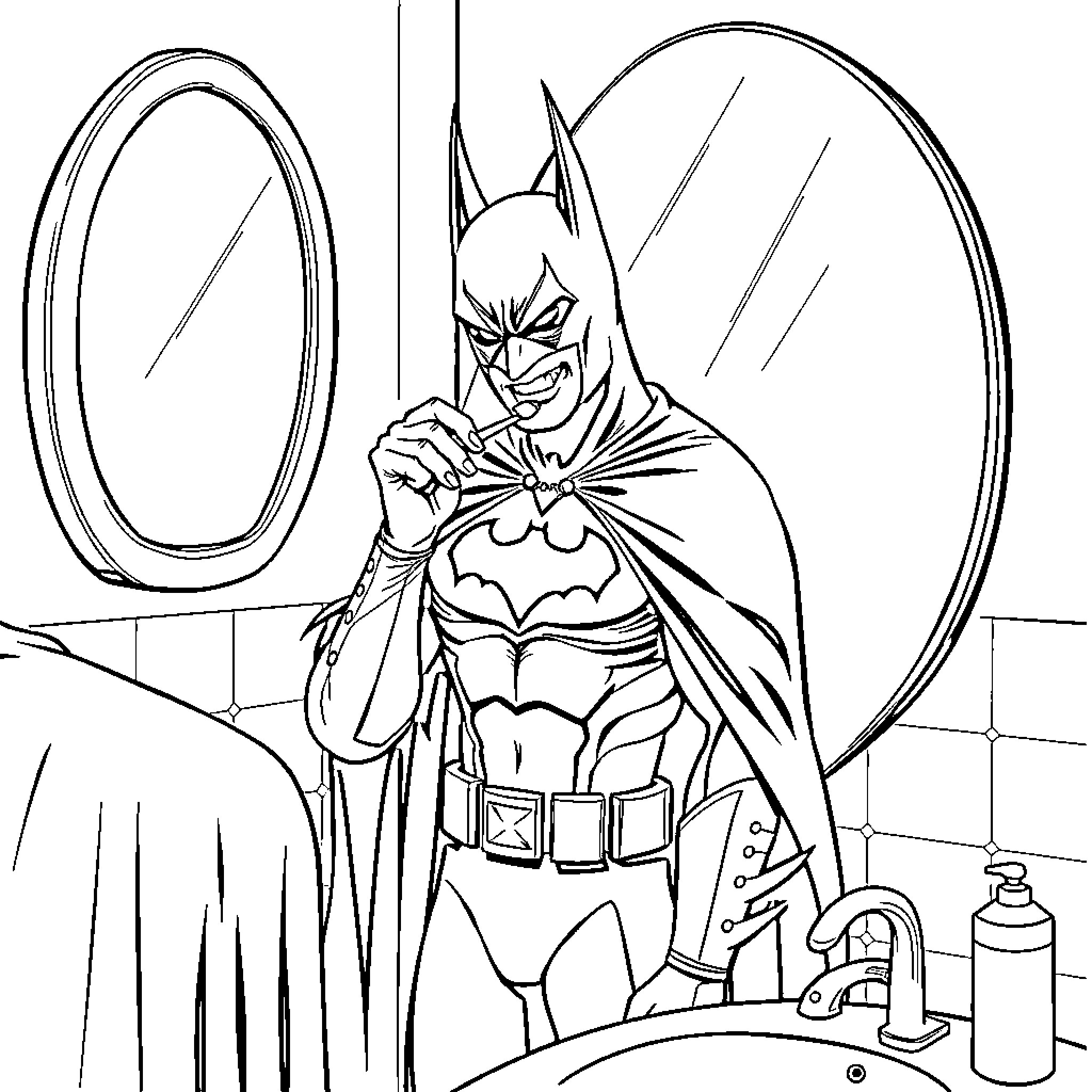 Batman Prepping for Action in the Bathroom Coloring Page (free black-and-white line drawing printable PDF for all, from beginners to advanced learners, including children, teens, adults, and seniors)