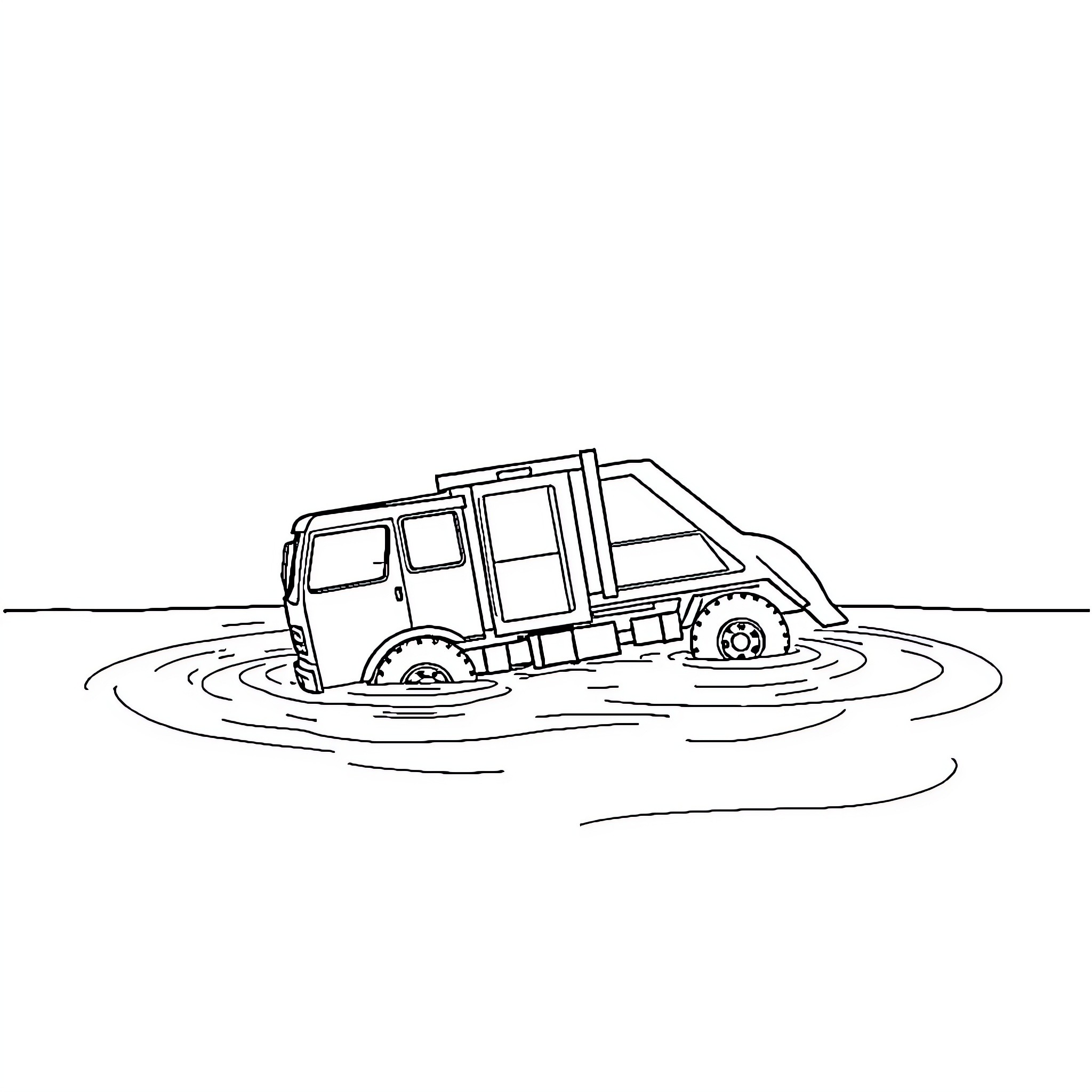 Trash Truck Navigating Flooded Street Coloring Page (free black-and-white line drawing printable PDF for all, from beginners to advanced learners, including children, teens, adults, and seniors)