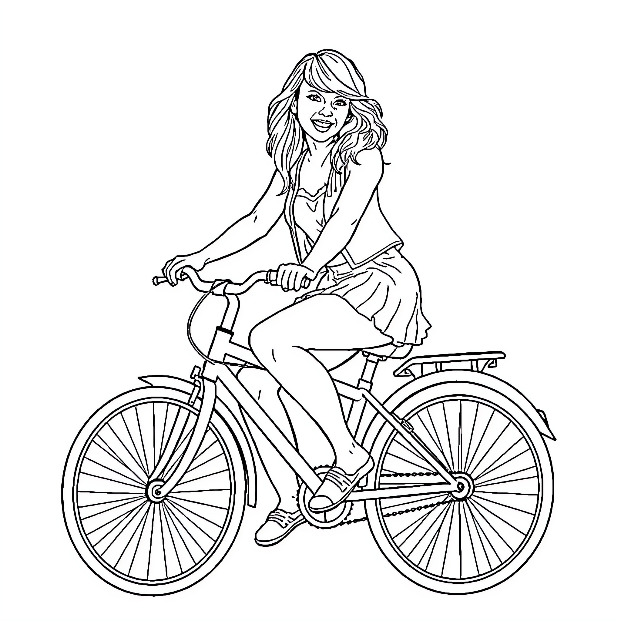 Taylor Swift riding a bicycle happily Coloring Page (free black-and-white line drawing printable PDF for all, from beginners to advanced learners, including children, teens, adults, and seniors)