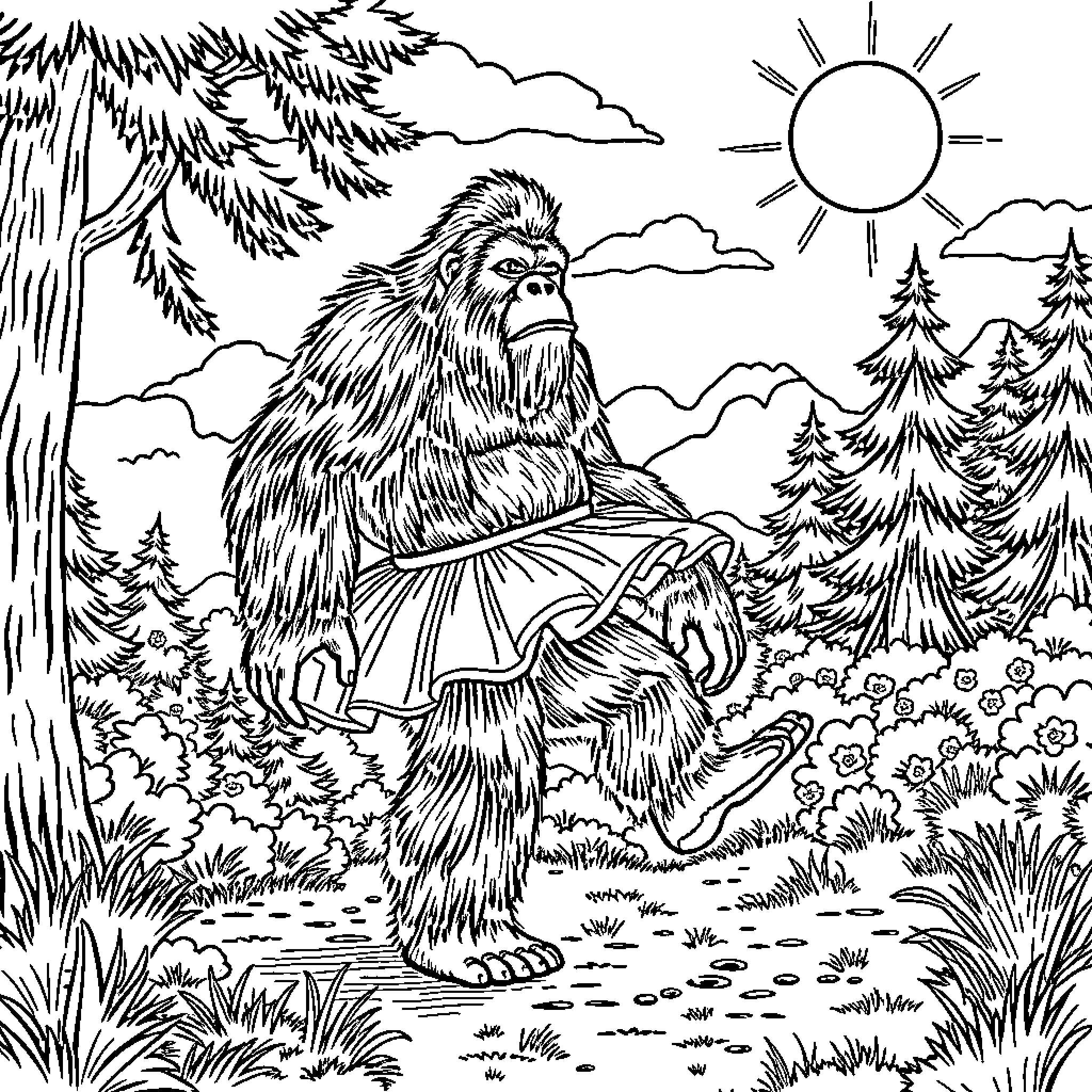 Bigfoot enjoying a peaceful moment in nature Coloring Page (free black-and-white line drawing printable PDF for all, from beginners to advanced learners, including children, teens, adults, and seniors)