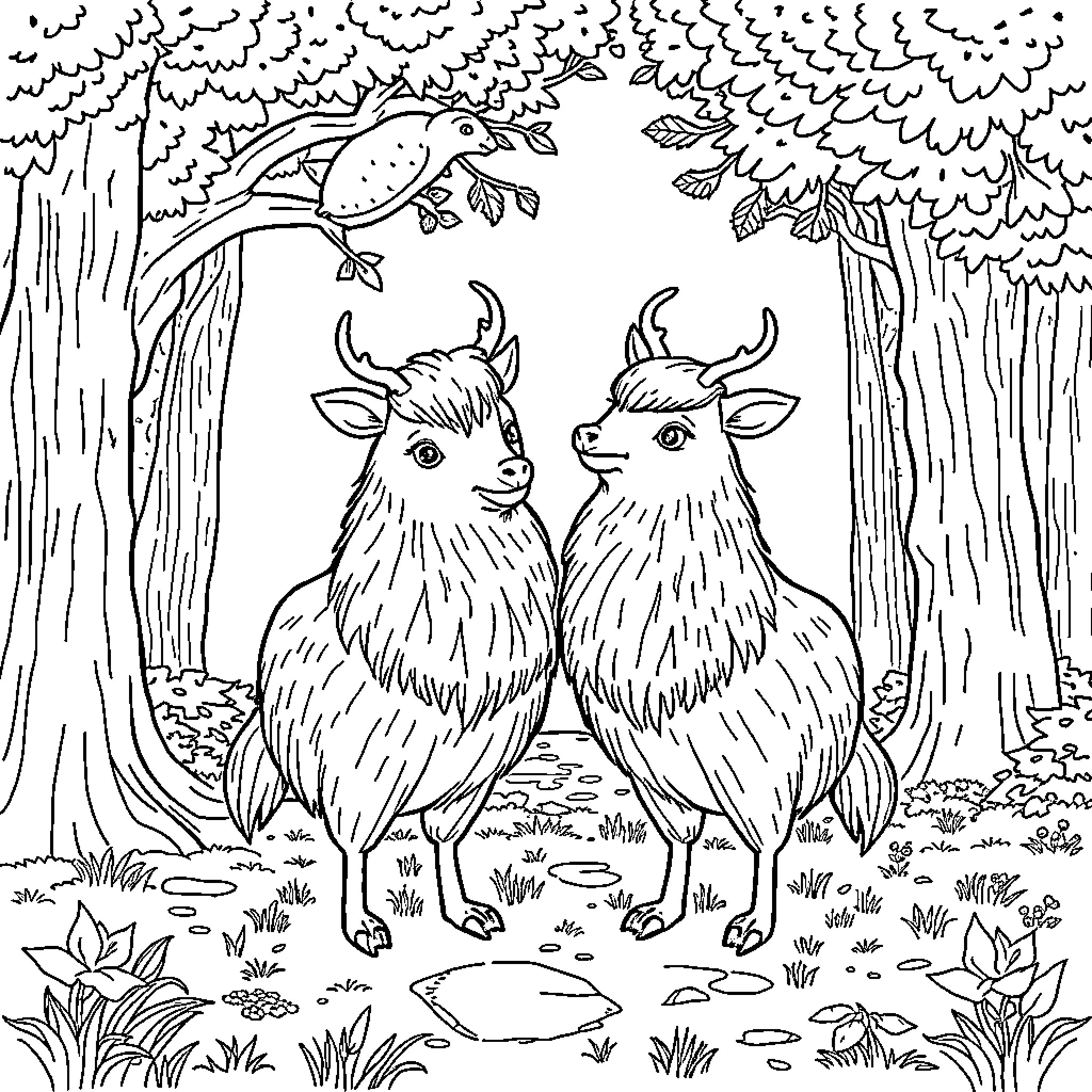Deer in a Serene Forest Scene Coloring Page (free black-and-white line drawing printable PDF for all, from beginners to advanced learners, including children, teens, adults, and seniors)