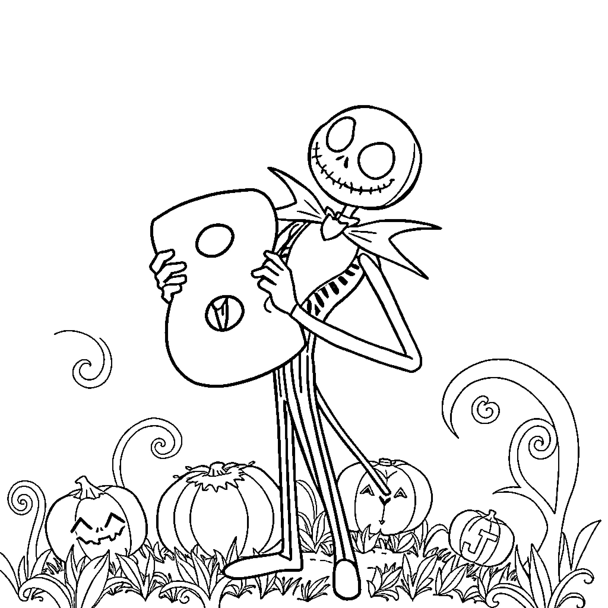 Jack Skellington enjoying Halloween scenery Coloring Page (free black-and-white line drawing printable PDF for all, from beginners to advanced learners, including children, teens, adults, and seniors)