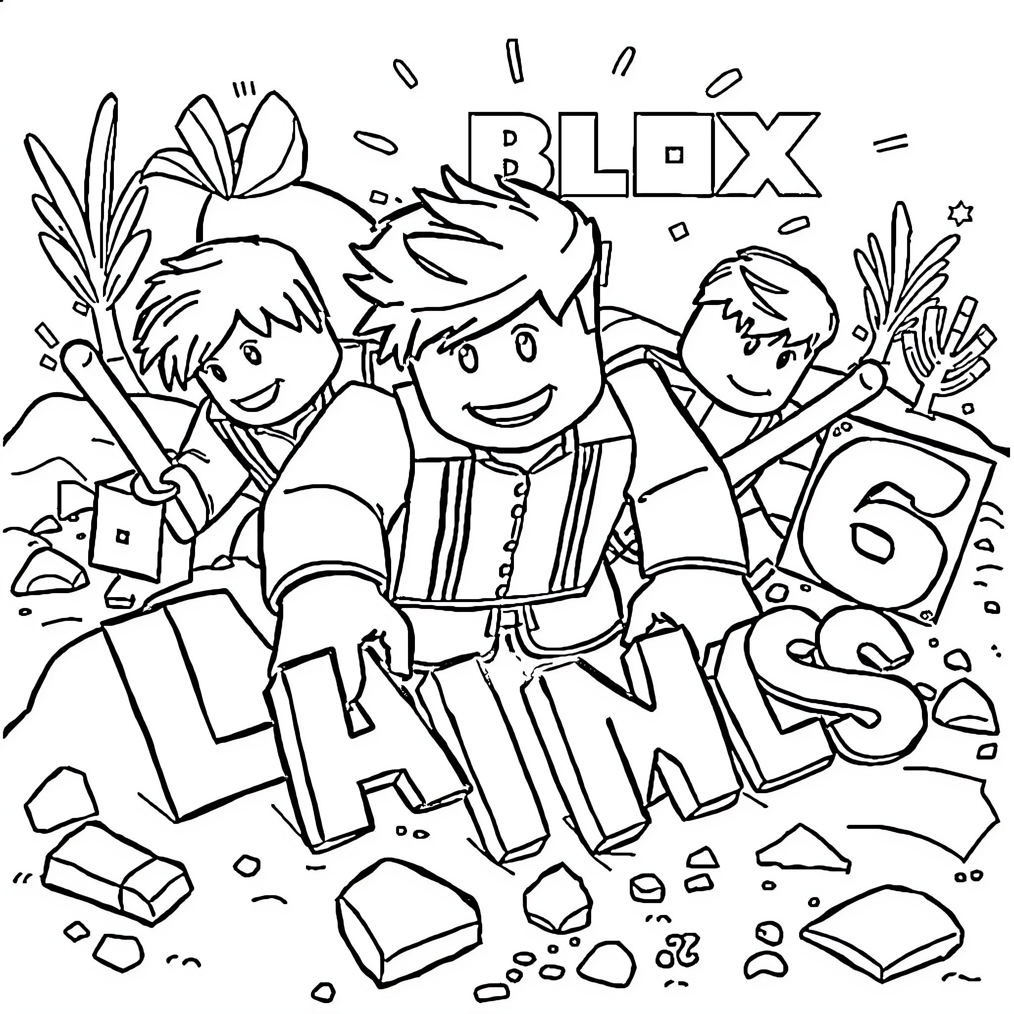 Character Celebration in Roblox Gaming World Coloring Page (free black-and-white line drawing printable PDF for all, from beginners to advanced learners, including children, teens, adults, and seniors)