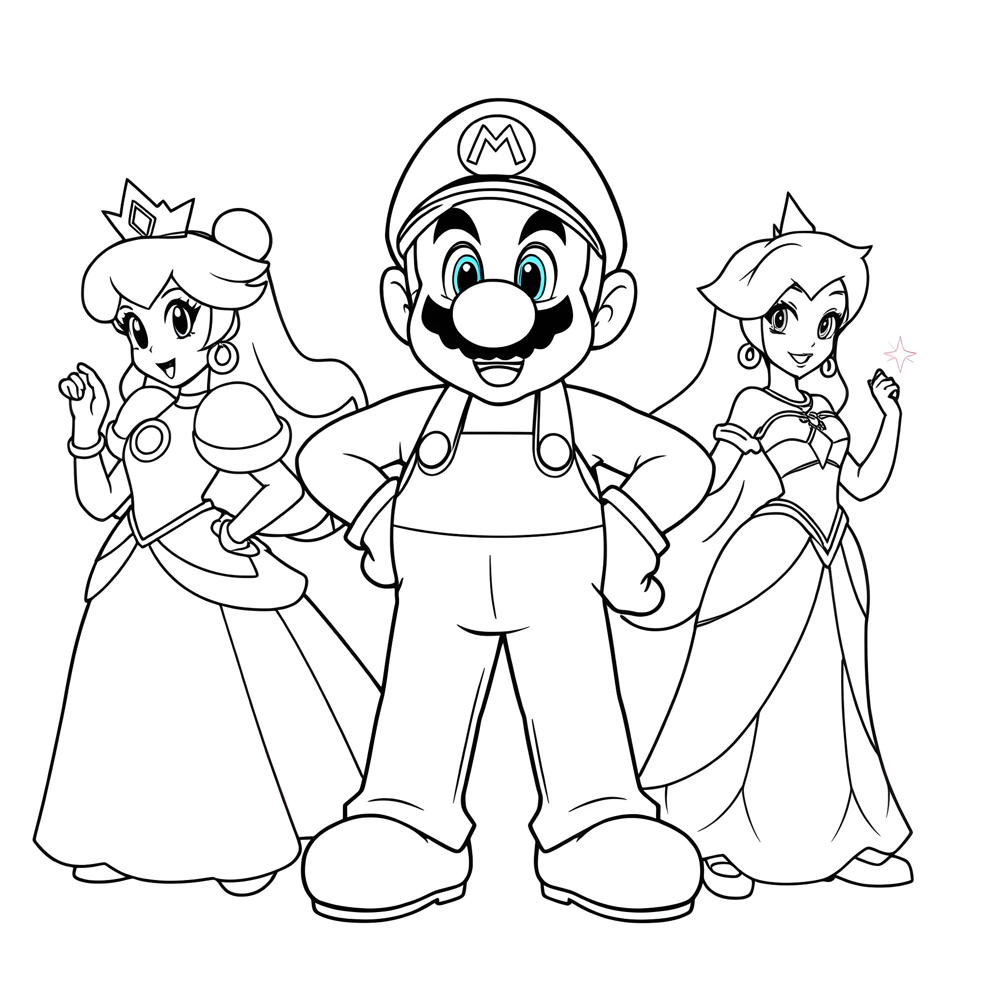 Mario and two princesses in cartoon adventure Coloring Page (free black-and-white line drawing printable PDF for all, from beginners to advanced learners, including children, teens, adults, and seniors)