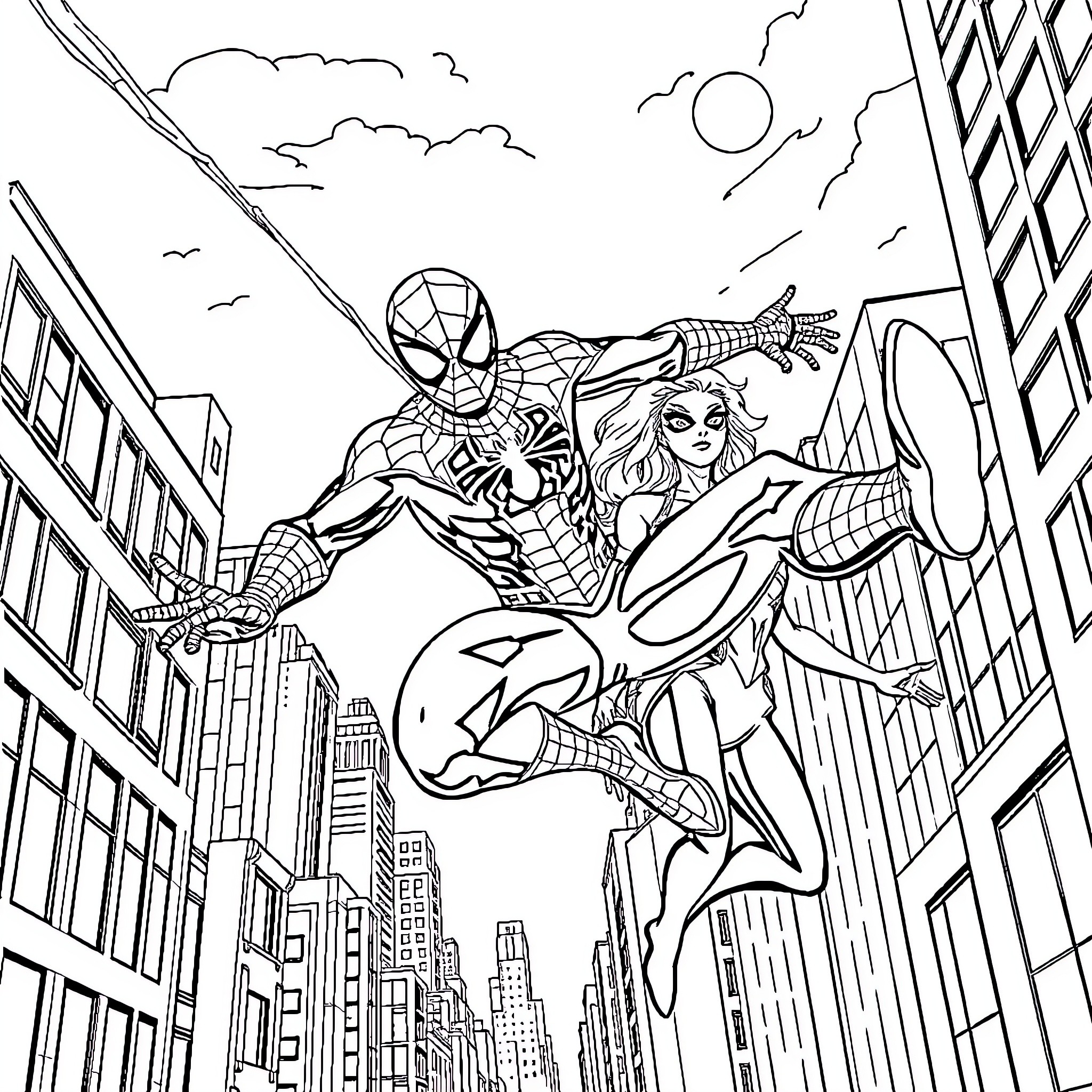 Spider Character swinging through the city with a female hero Coloring Page (free black-and-white line drawing printable PDF for all, from beginners to advanced learners, including children, teens, adults, and seniors)