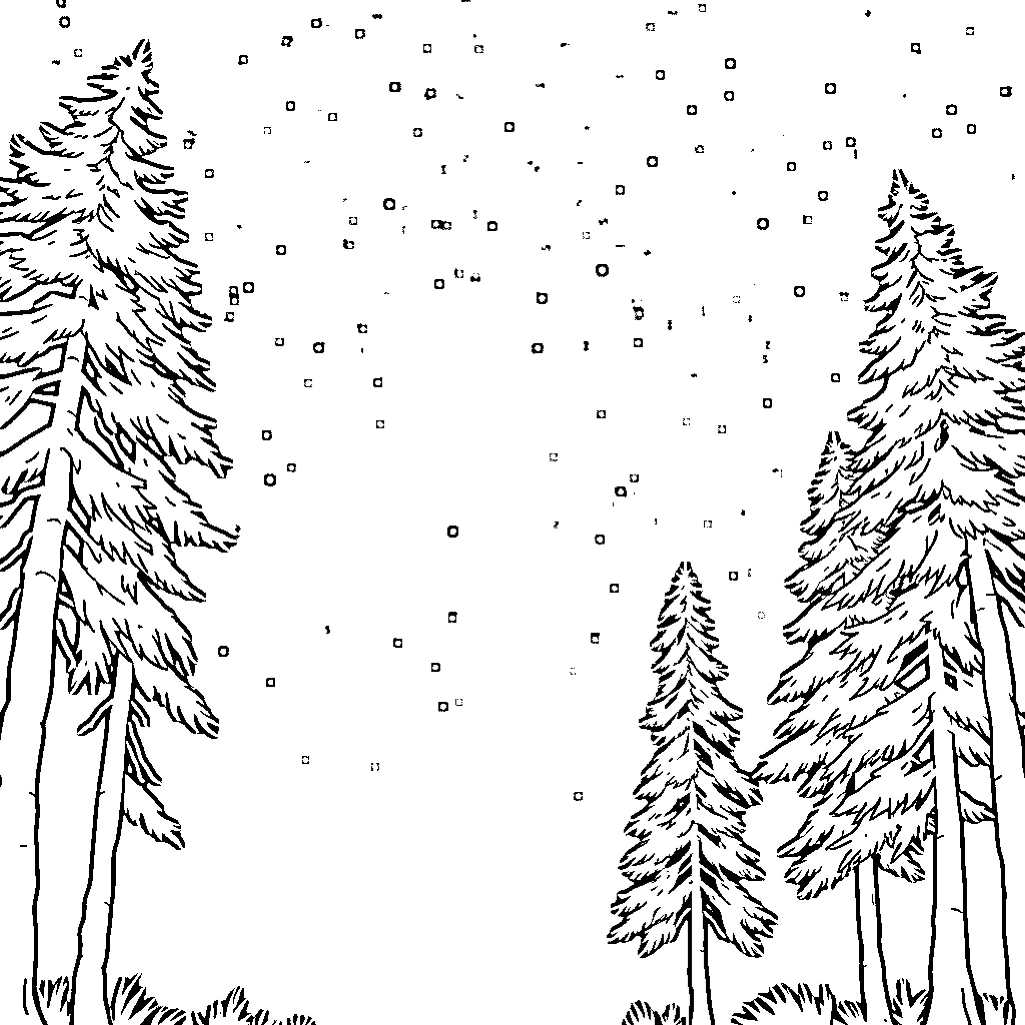 Tree silhouettes in a snowy landscape Coloring Page (free black-and-white line drawing printable PDF for all, from beginners to advanced learners, including children, teens, adults, and seniors)