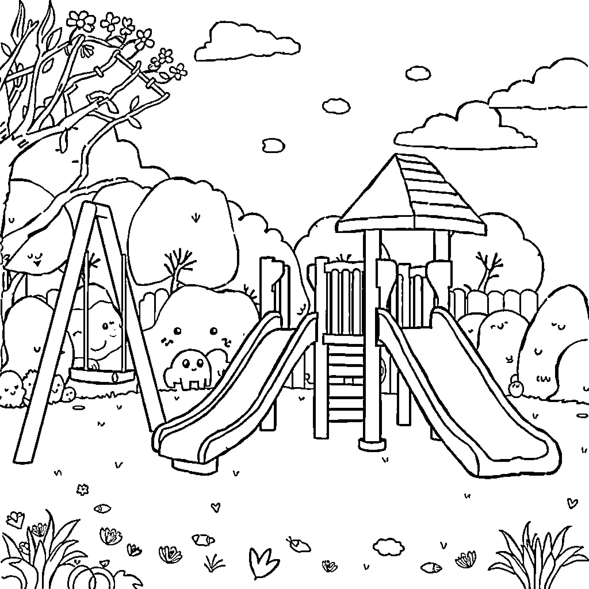 Playground with slides and swings in a nature setting Coloring Page (free black-and-white line drawing printable PDF for all, from beginners to advanced learners, including children, teens, adults, and seniors)