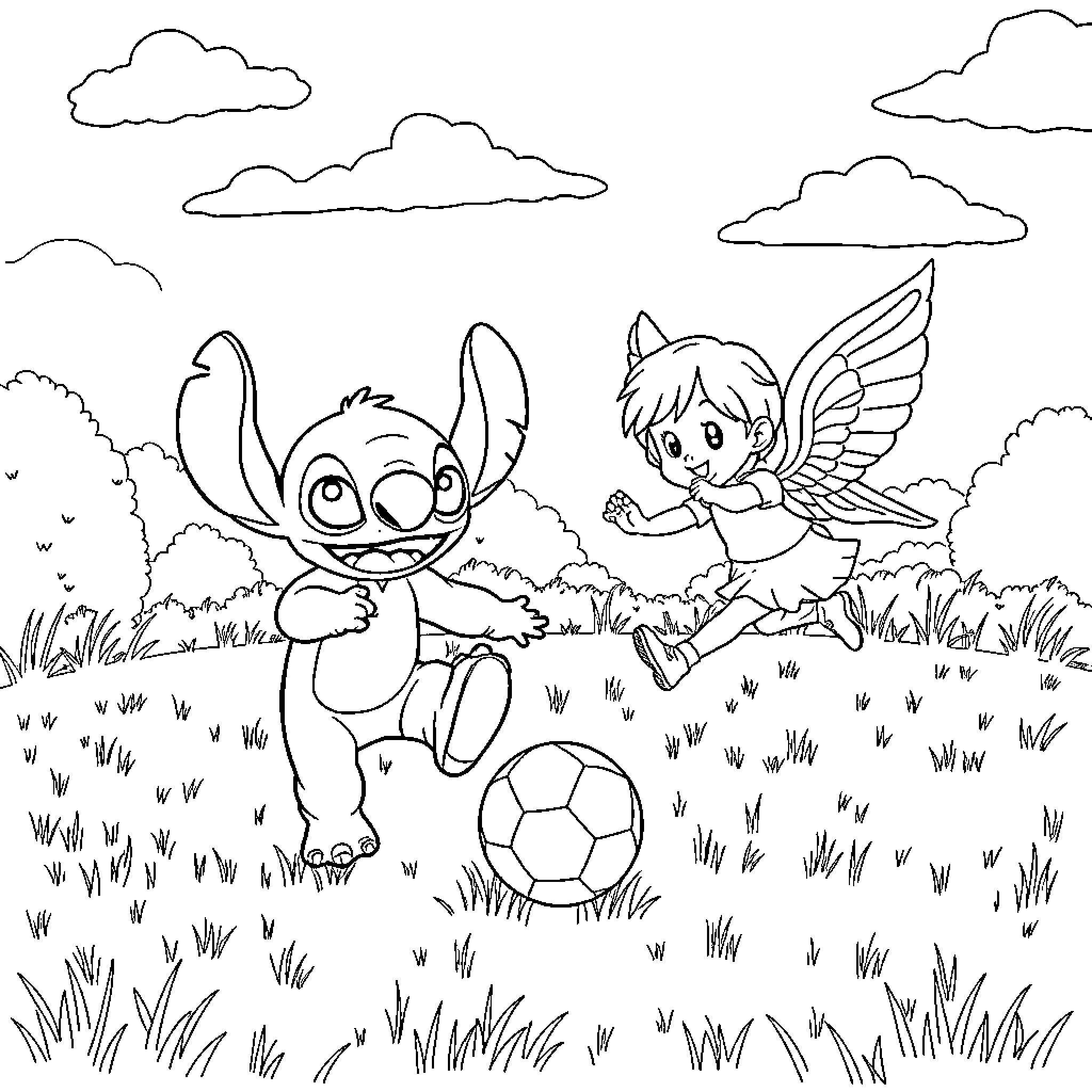 Stitch and Fairy Playing with Soccer Ball Coloring Page (free black-and-white line drawing printable PDF for all, from beginners to advanced learners, including children, teens, adults, and seniors)