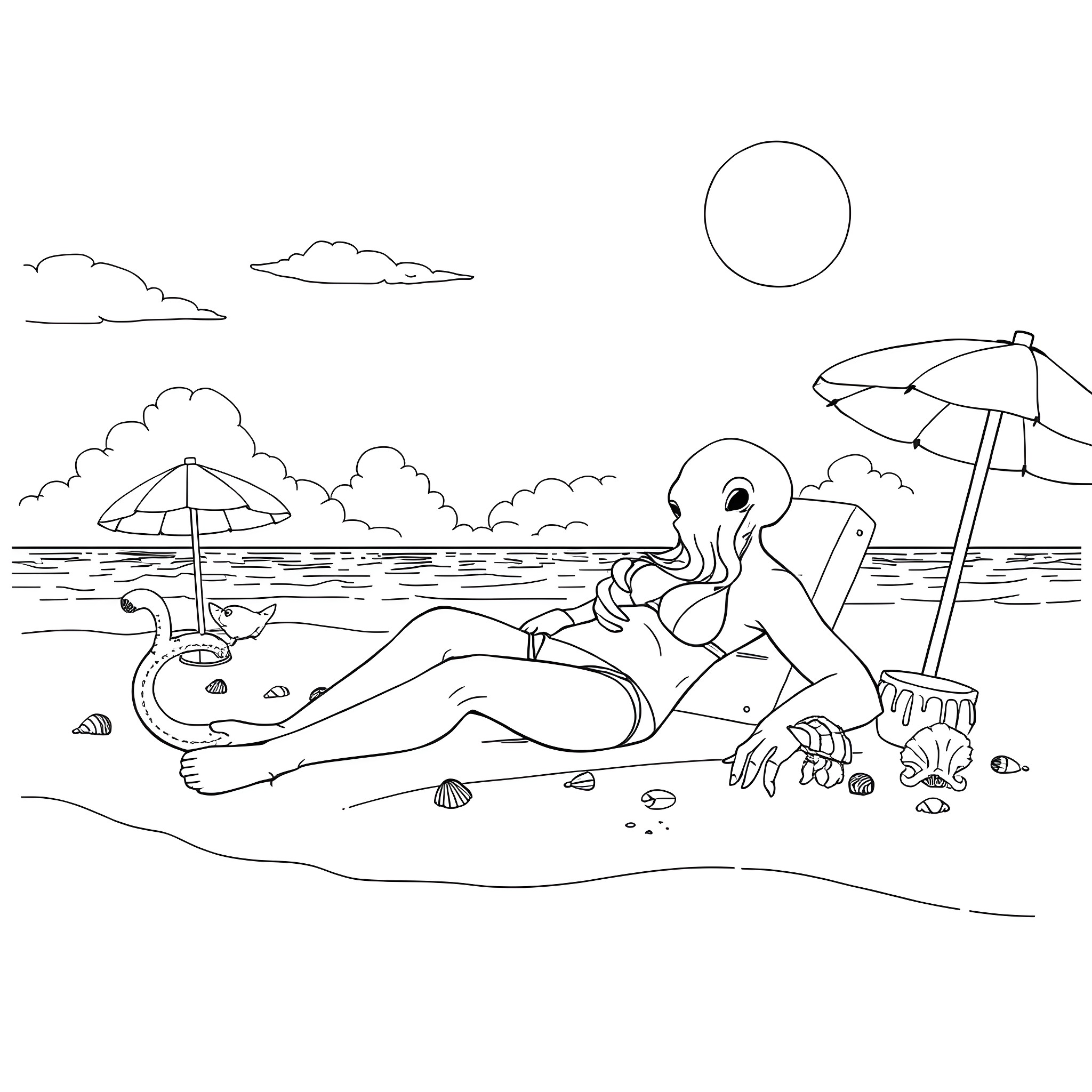 Cthulhu relaxing on the beach under the sun Coloring Page (free black-and-white line drawing printable PDF for all, from beginners to advanced learners, including children, teens, adults, and seniors)