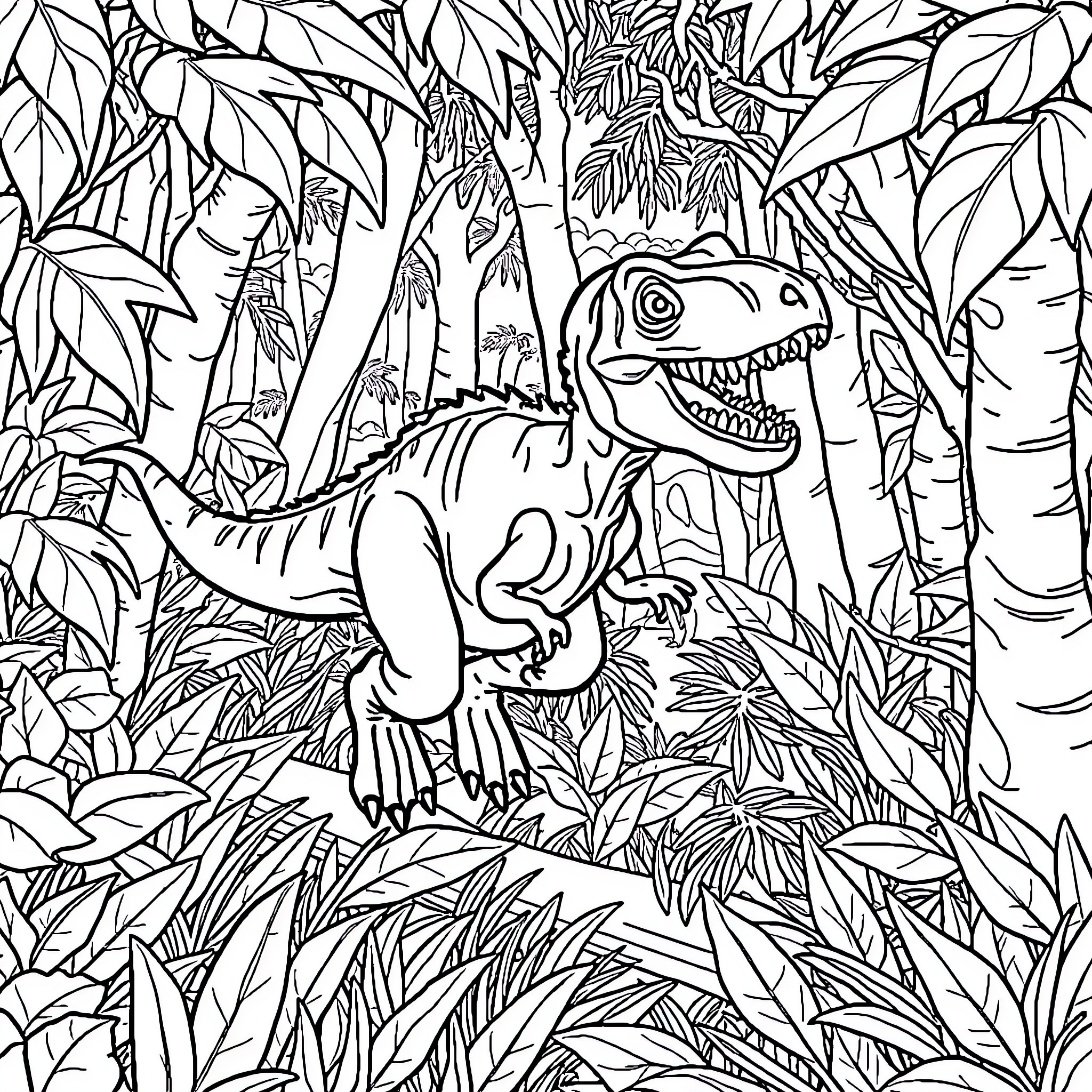 Velociraptor exploring the lush jungle Coloring Page (free black-and-white line drawing printable PDF for all, from beginners to advanced learners, including children, teens, adults, and seniors)